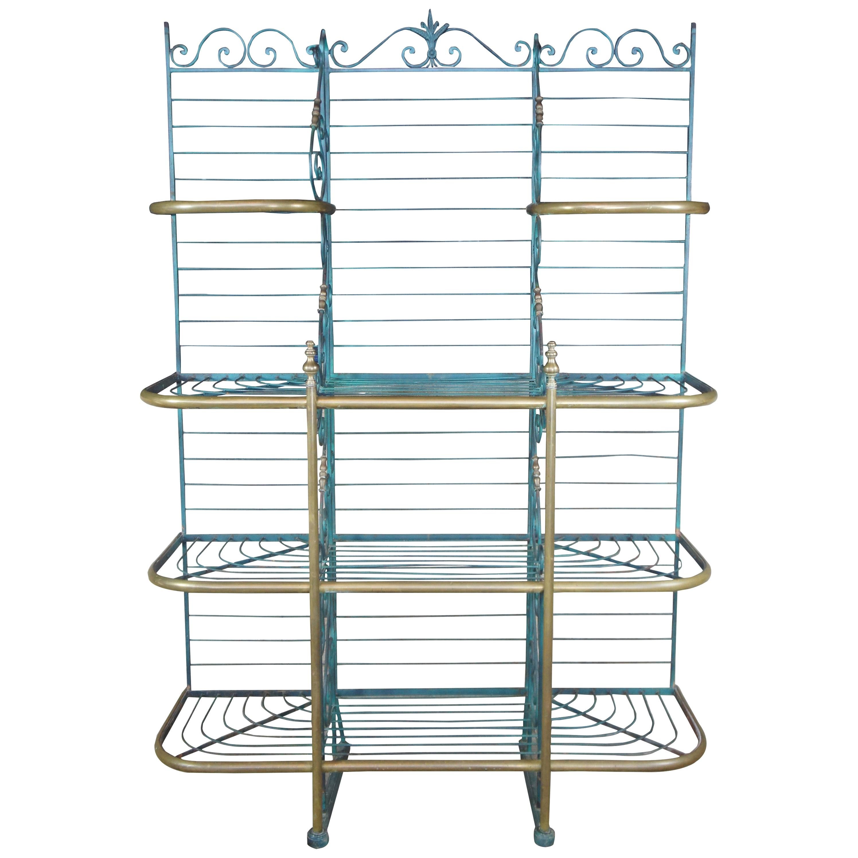 Antique Brass and Iron Verdigris French Bakers Rack Scrolled Étagère
