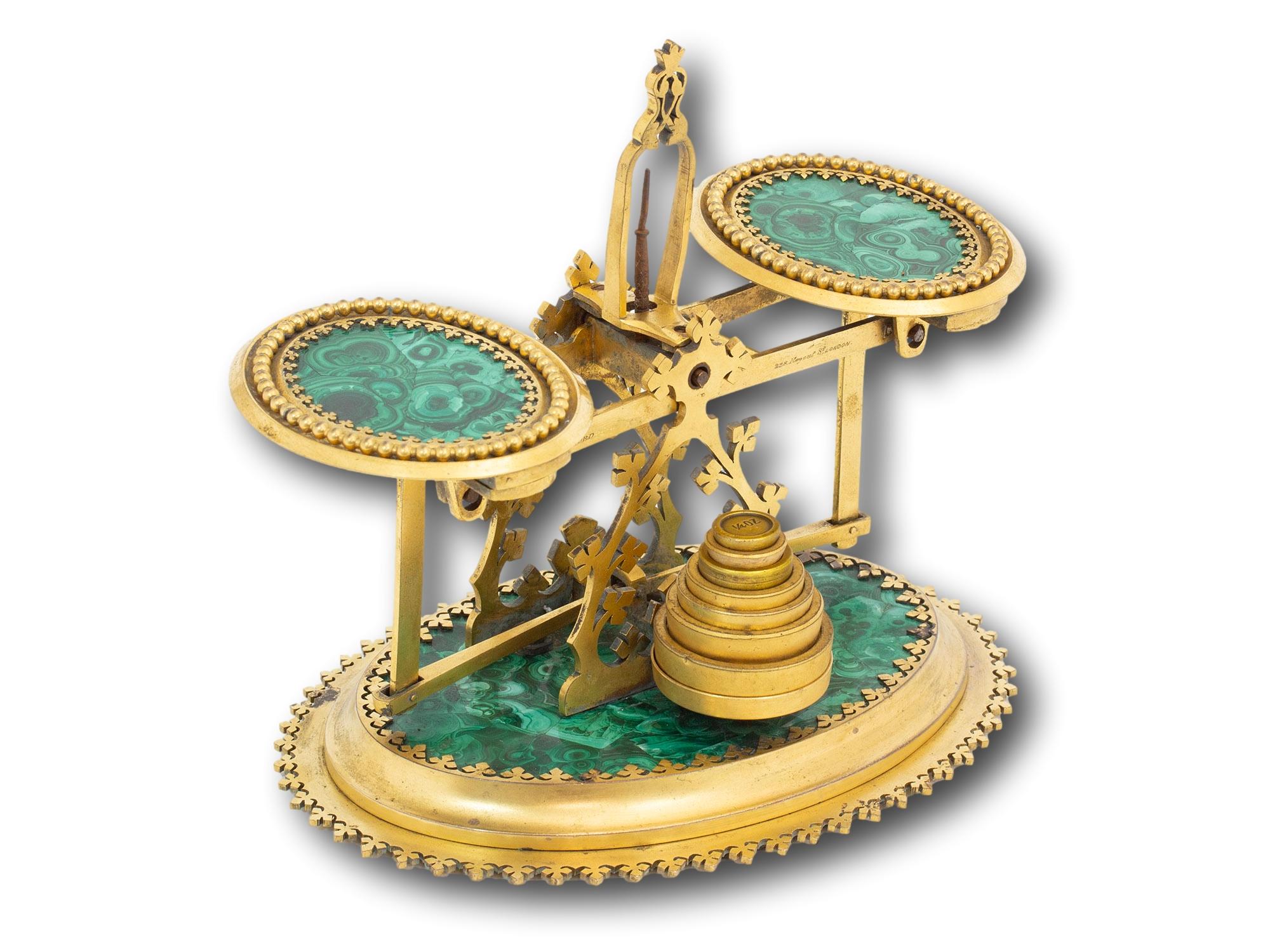 Malachite Base Mounted in Brass

From our Accessories collection, we are delighted to offer these Bronze Gilded Malachite Postal Scales by Halstaff and Hannaford, London. The scales cast in Bronze with beautiful figured Malachite, has seven Weights
