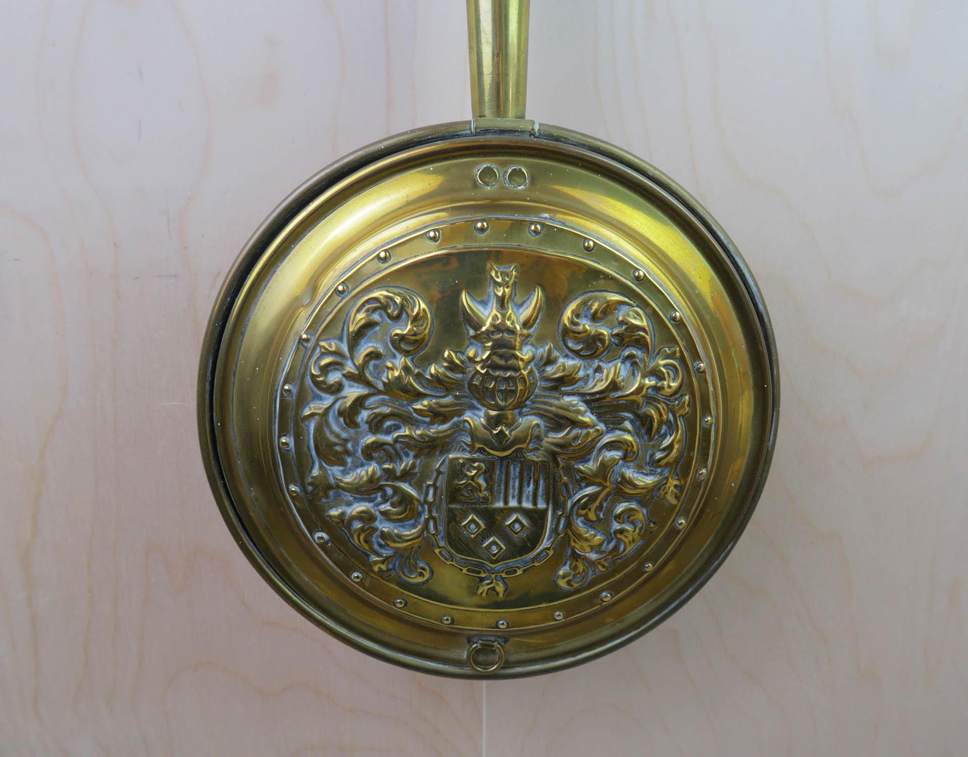 Folk Art Antique Brass and Oak Bed Warmer With Repousse Armorial. English C.1900