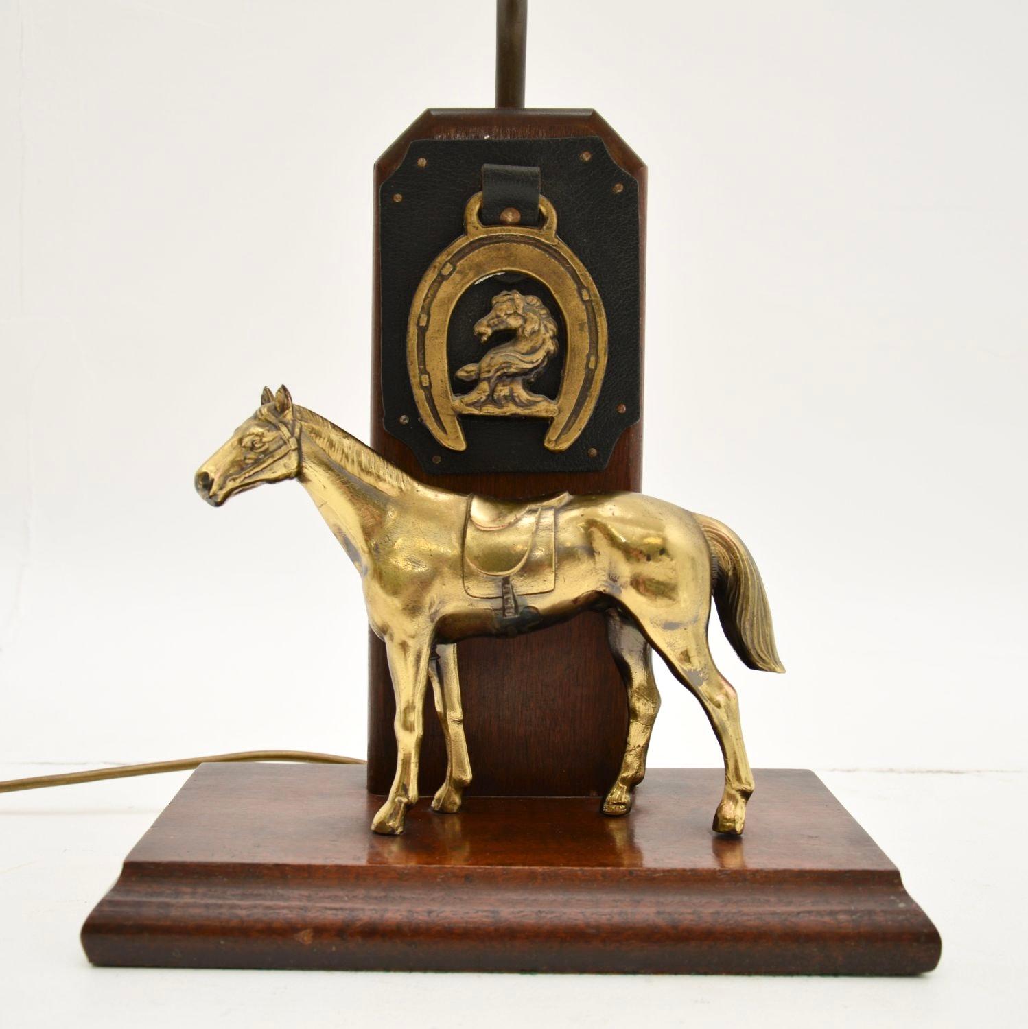 Antique Brass and Oak Equestrian Table Lamp im Angebot 1