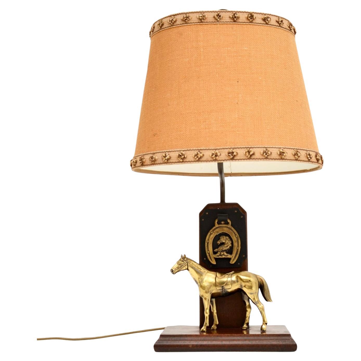 Antique Brass and Oak Equestrian Table Lamp