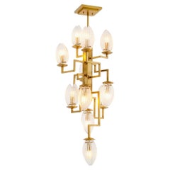 Antique Brass and Ribbed Glass Sculptural Chandelier