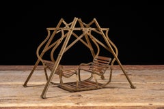 Antique Brass and Wood Folding Four-Passenger Lawn Glider Swing Salesman Sample