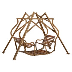 Antique Brass and Wood Folding Four-Passenger Lawn Glider Swing Salesman Sample