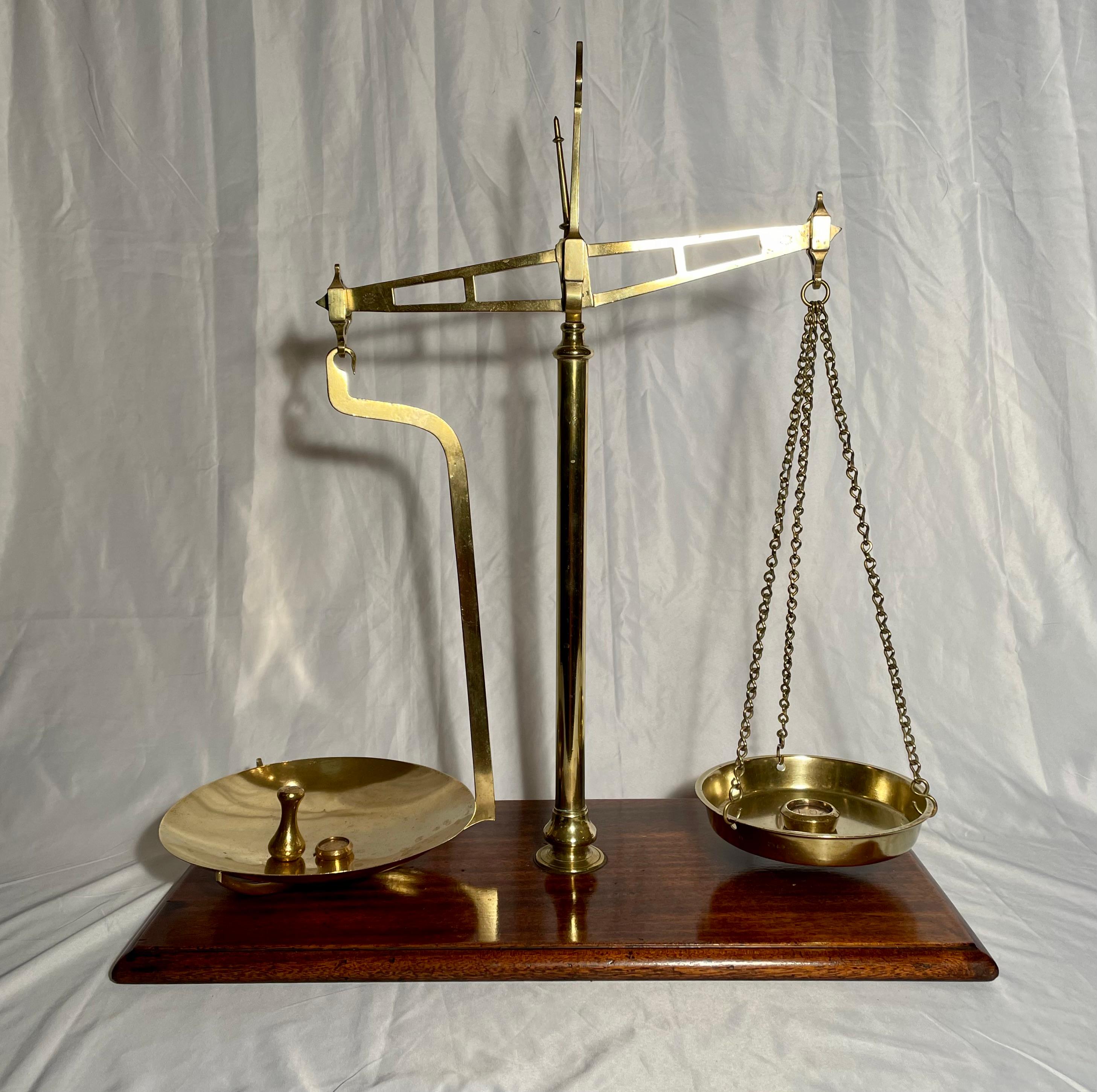 19th Century Victorian Era Brass and Wood Set of Scales with Assorted Weights.