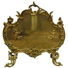 Antique Brass Arrester for Fireplace with Wire Mesh and Putti, France, 1800