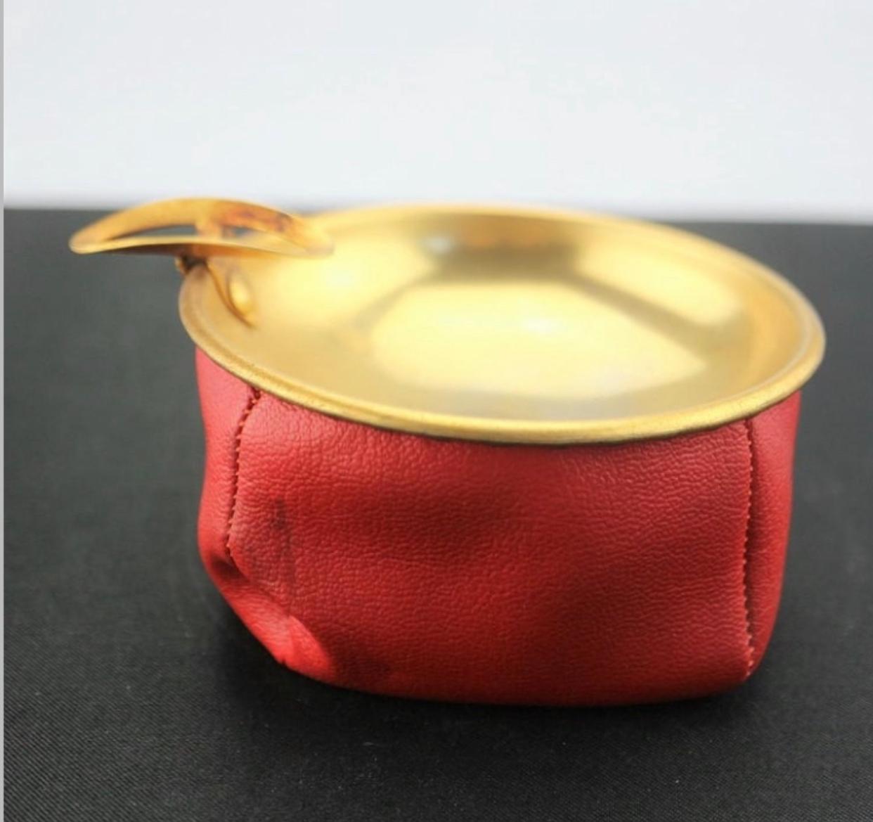 Art Deco Antique Brass Ashtray with Red Leather Case For Sale