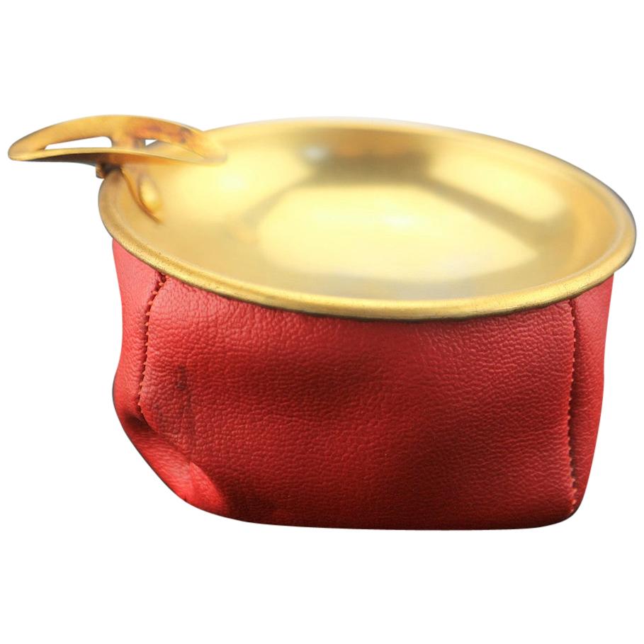 Antique Brass Ashtray with Red Leather Case