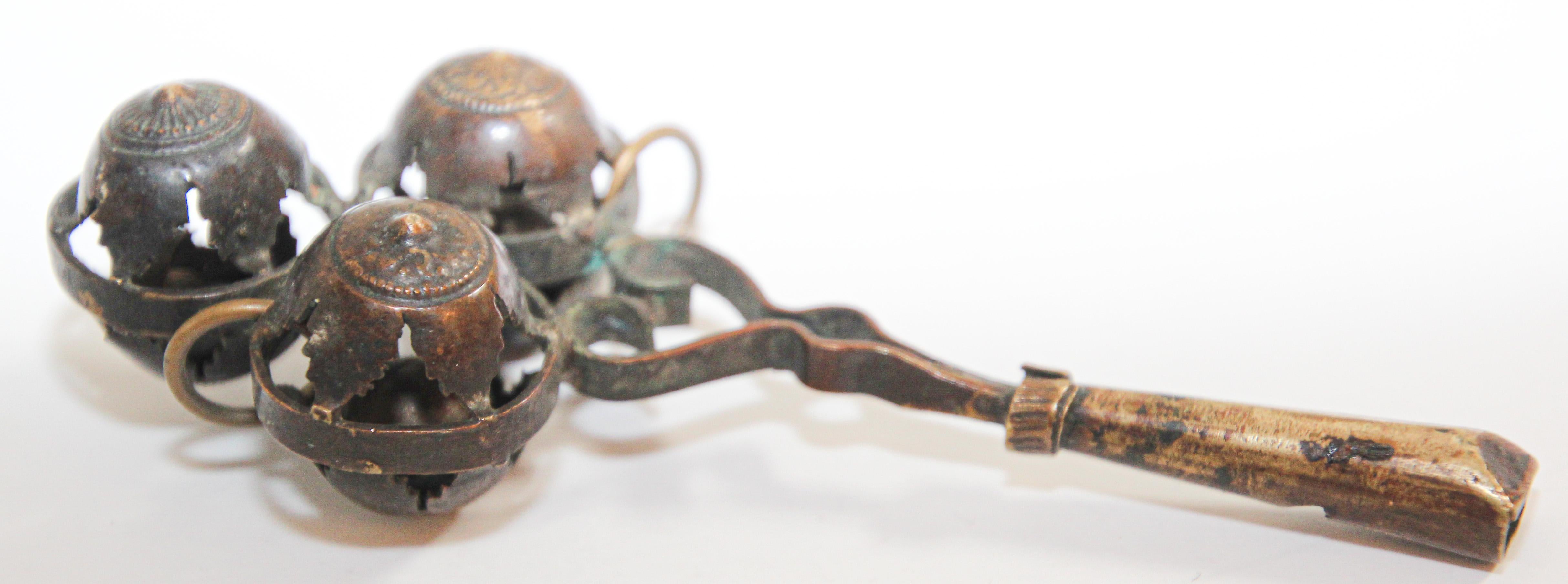 Antique Brass Baby Rattle Whistle Bell Dangles, India For Sale 2