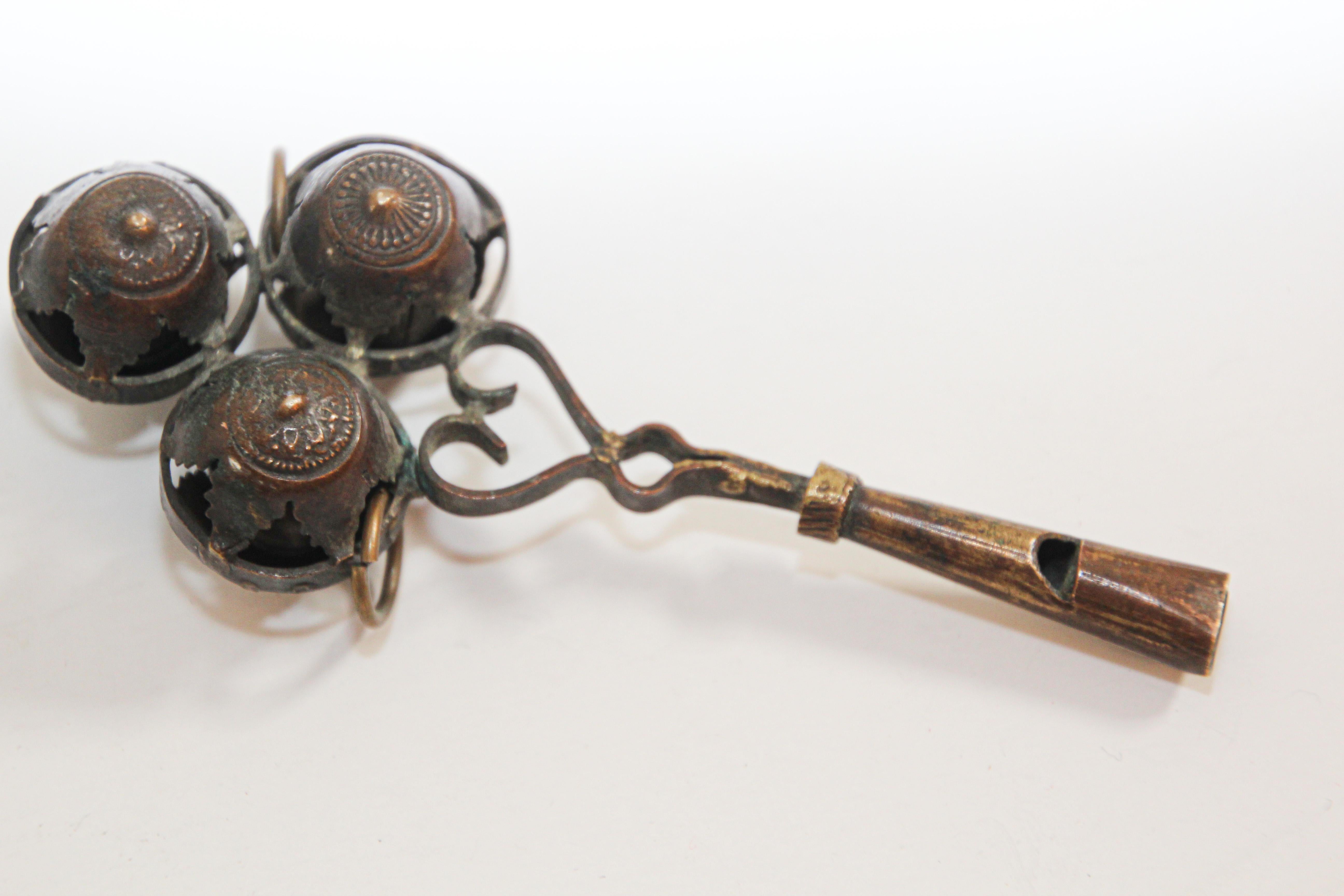 Indian Antique Brass Baby Rattle Whistle Bell Dangles, India For Sale