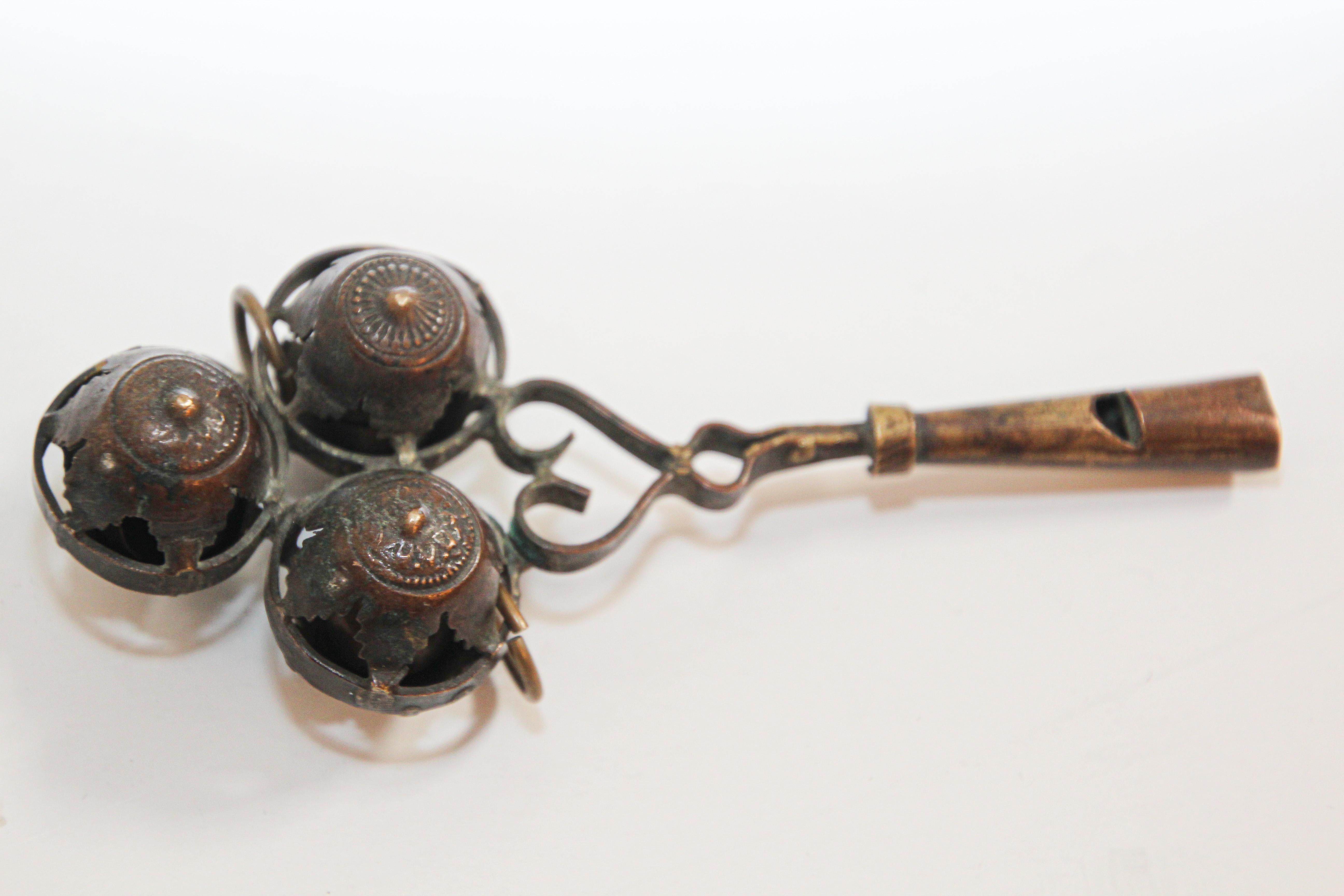 Hand-Crafted Antique Brass Baby Rattle Whistle Bell Dangles, India For Sale