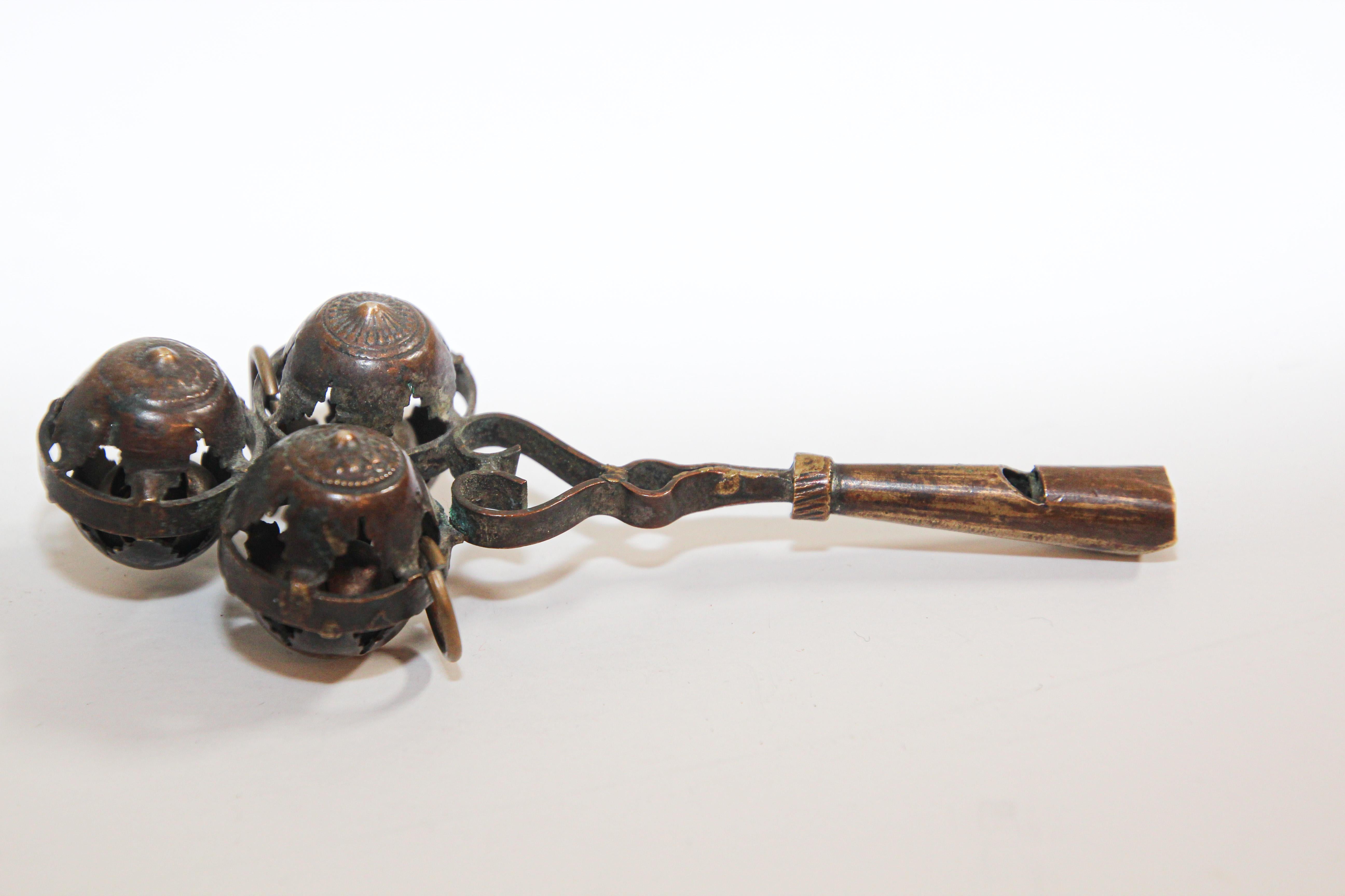 Antique Brass Baby Rattle Whistle Bell Dangles, India In Good Condition For Sale In North Hollywood, CA