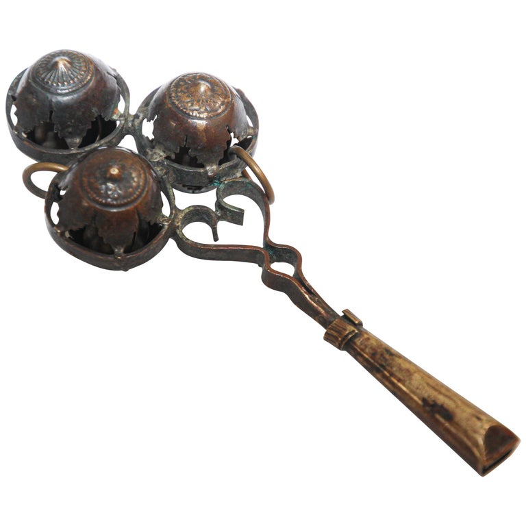 Vintage Baby Rattle Antique Brass Baby Rattle Whistle Bell Dangles