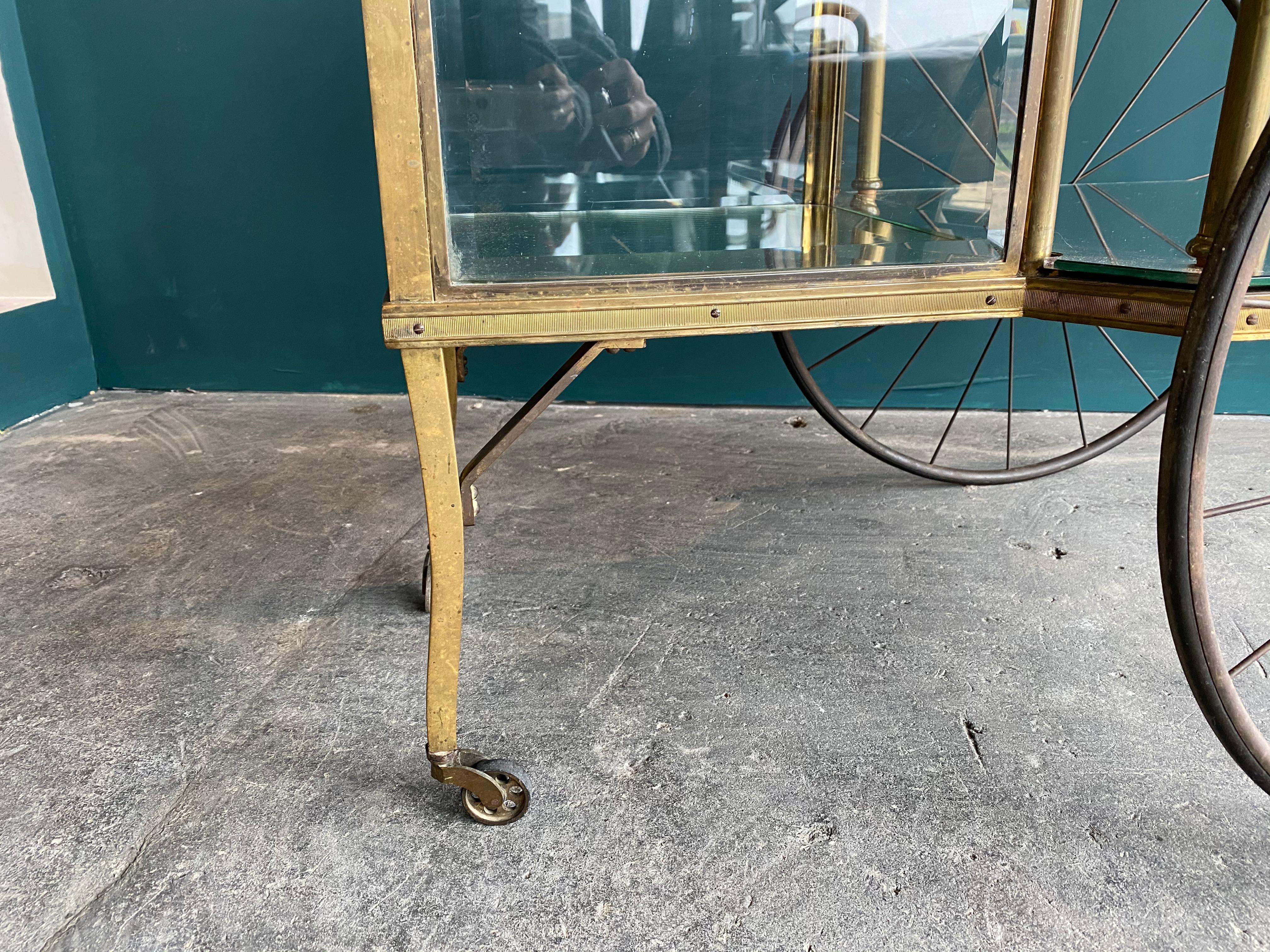 Antique Brass Bar Carriage/ Tea Trolley/ Table Trolley, Glass Case from a Castle 6