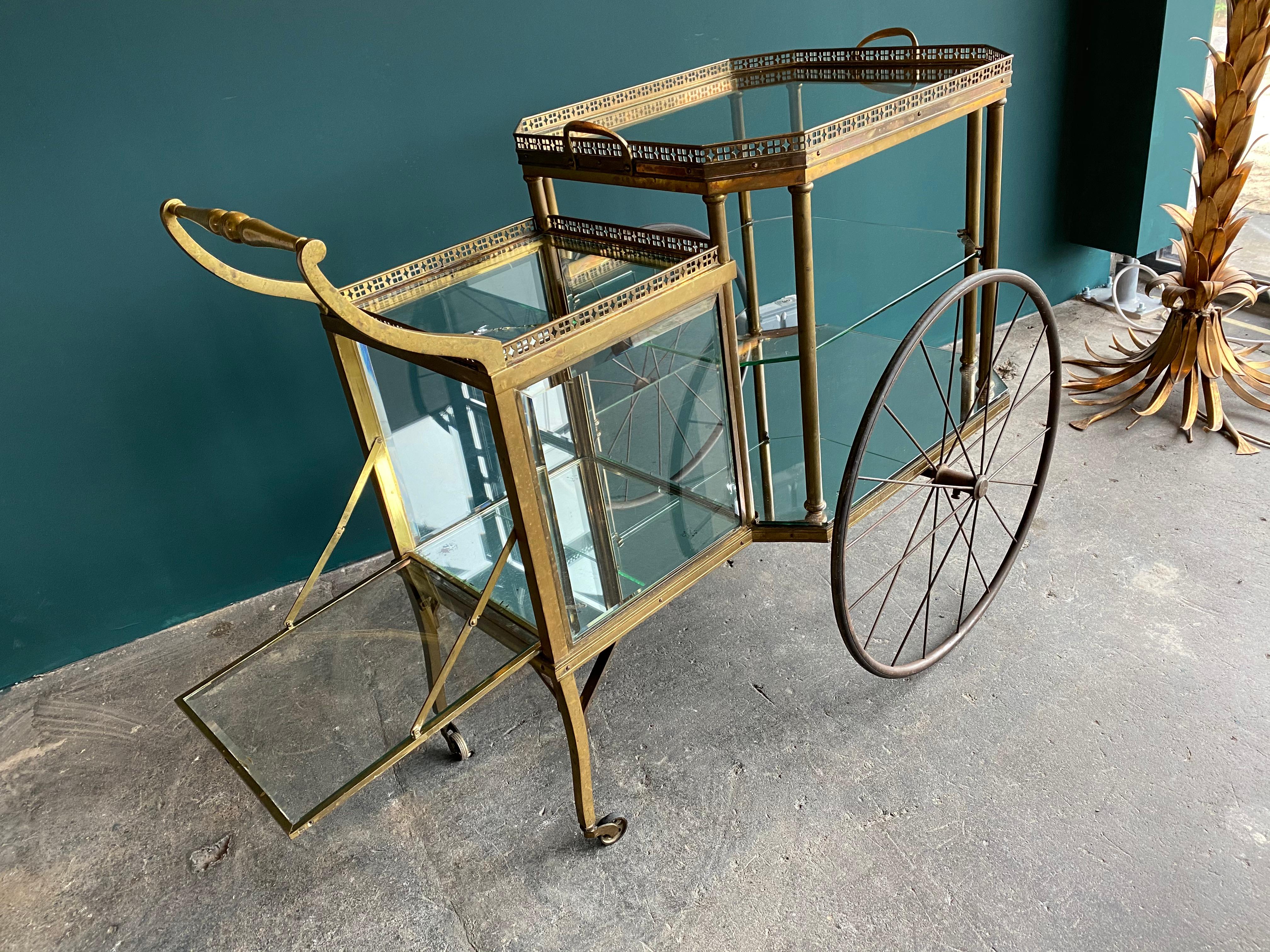 Antique Brass Bar Carriage/ Tea Trolley/ Table Trolley, Glass Case from a Castle 9