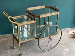Antique Brass Bar Carriage/ Tea Trolley/ Table Trolley, Glass Case from a Castle