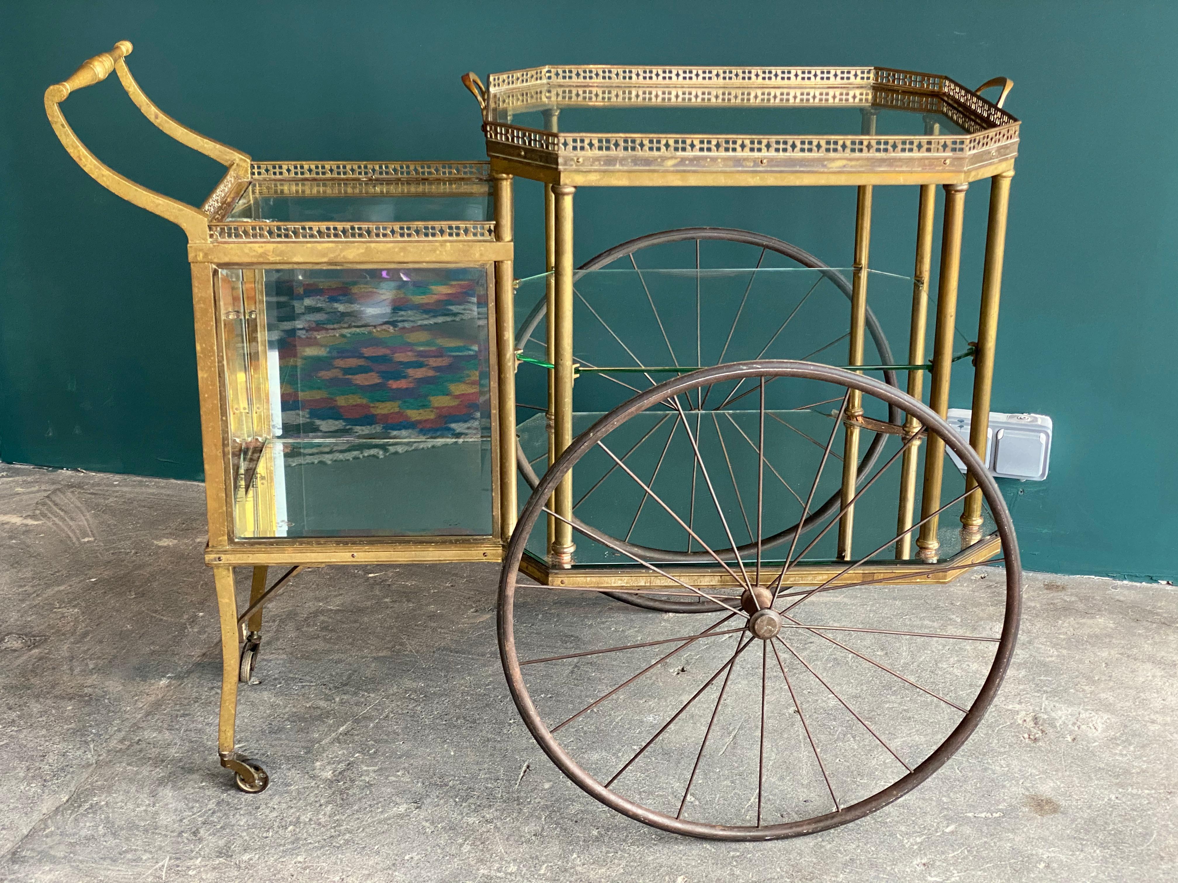 European Antique Brass Bar Carriage/ Tea Trolley/ Table Trolley, Glass Case from a Castle