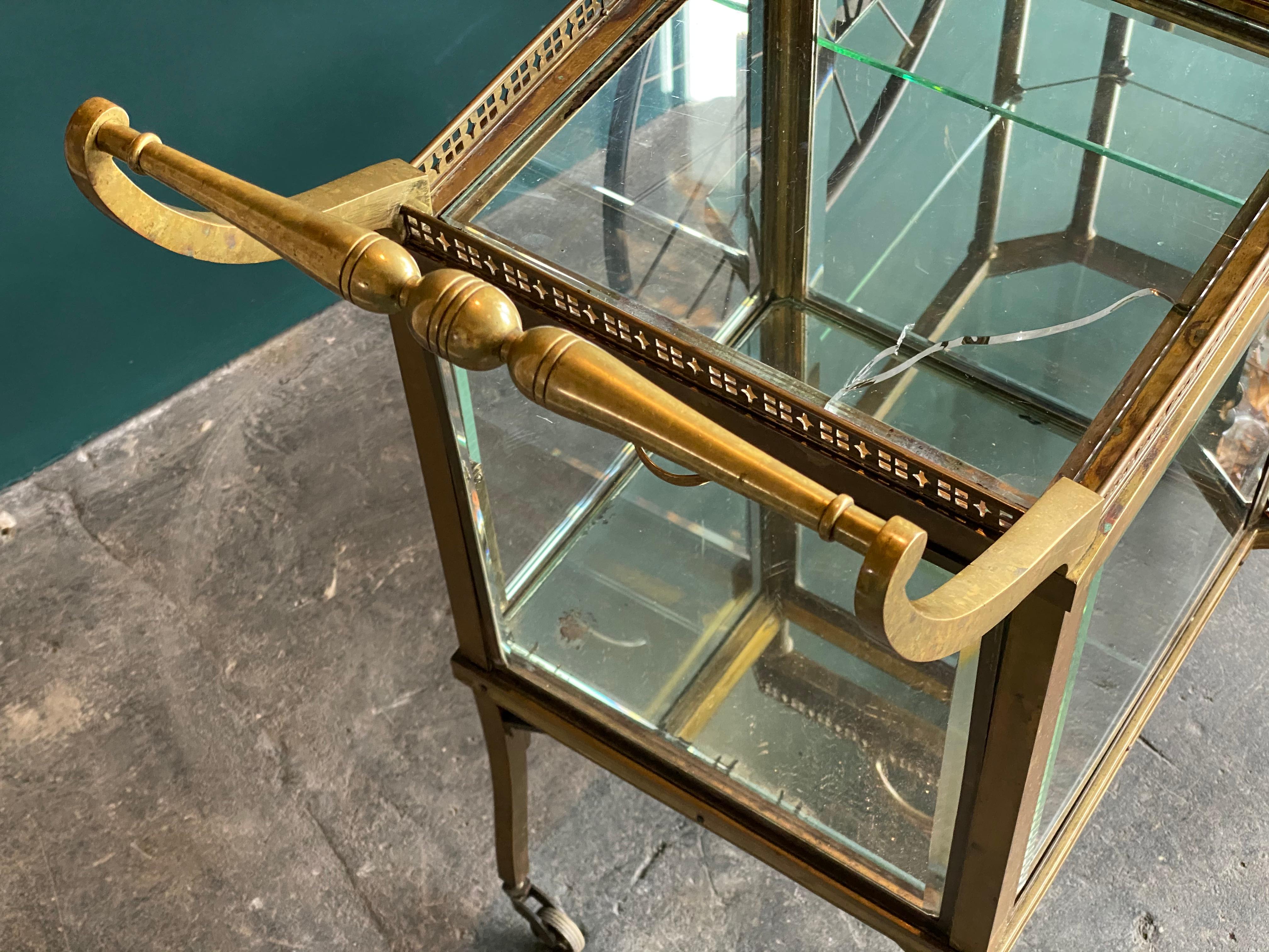 Late 19th Century Antique Brass Bar Carriage/ Tea Trolley/ Table Trolley, Glass Case from a Castle