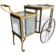 Antique Brass Bar Carriage/ Tea Trolley/ Table Trolley, Glass Case from a Castle