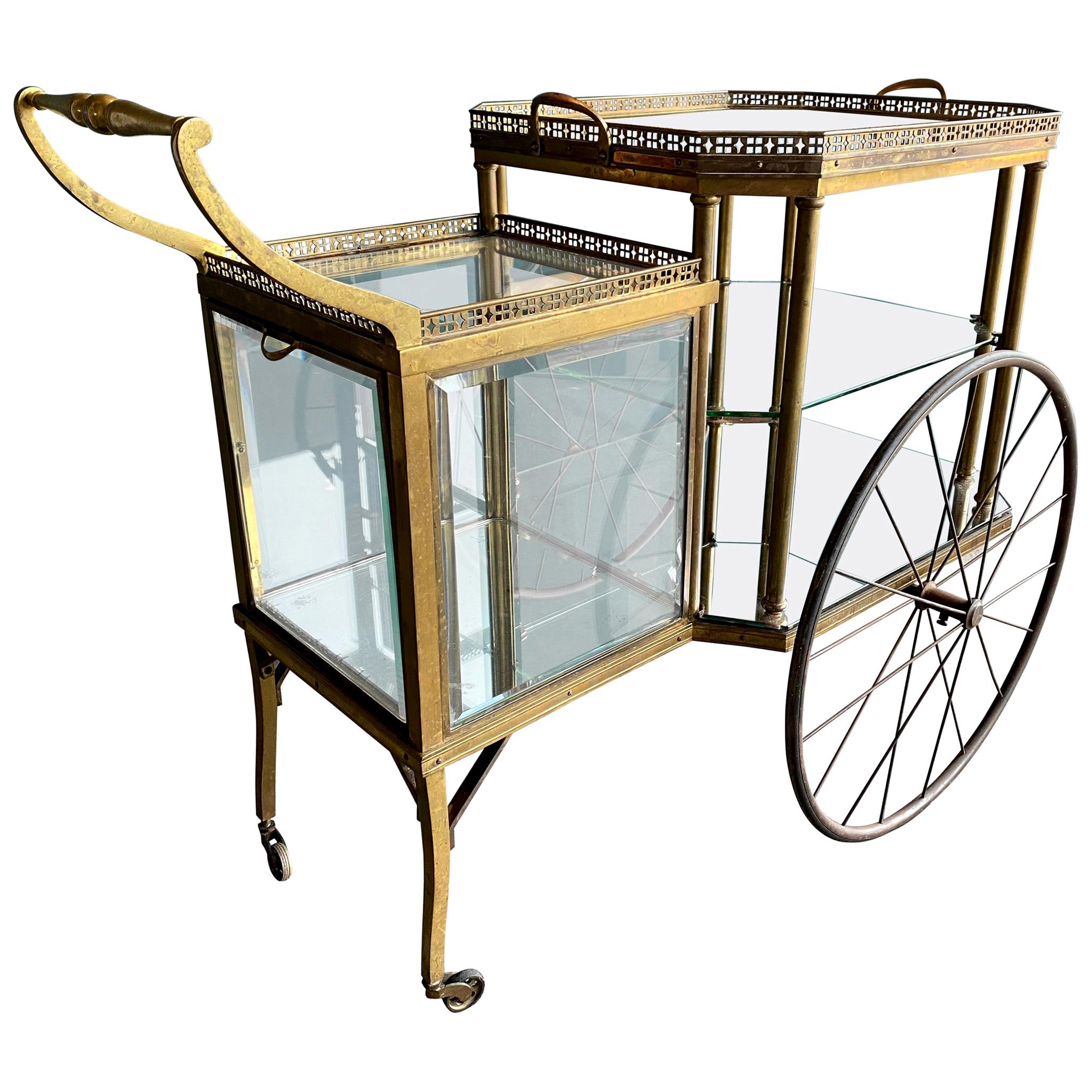 Antique Brass Bar Carriage/ Tea Trolley/ Table Trolley, Glass Case from a Castle