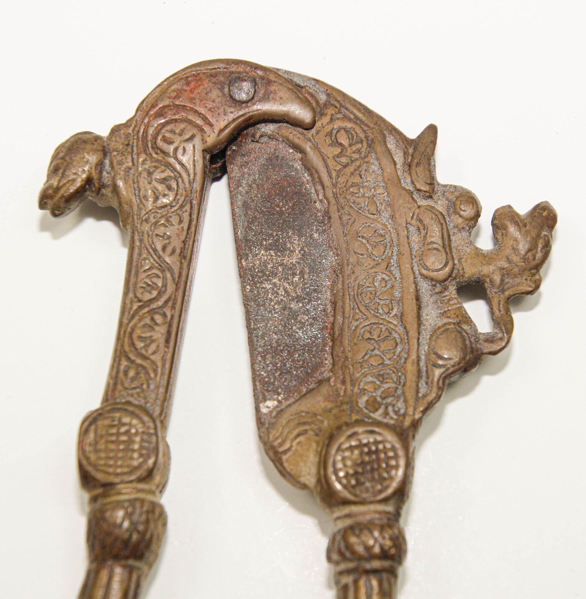 Hand-Carved Antique Brass Betel Nut Cutter from India Collectible Asian Artifact For Sale