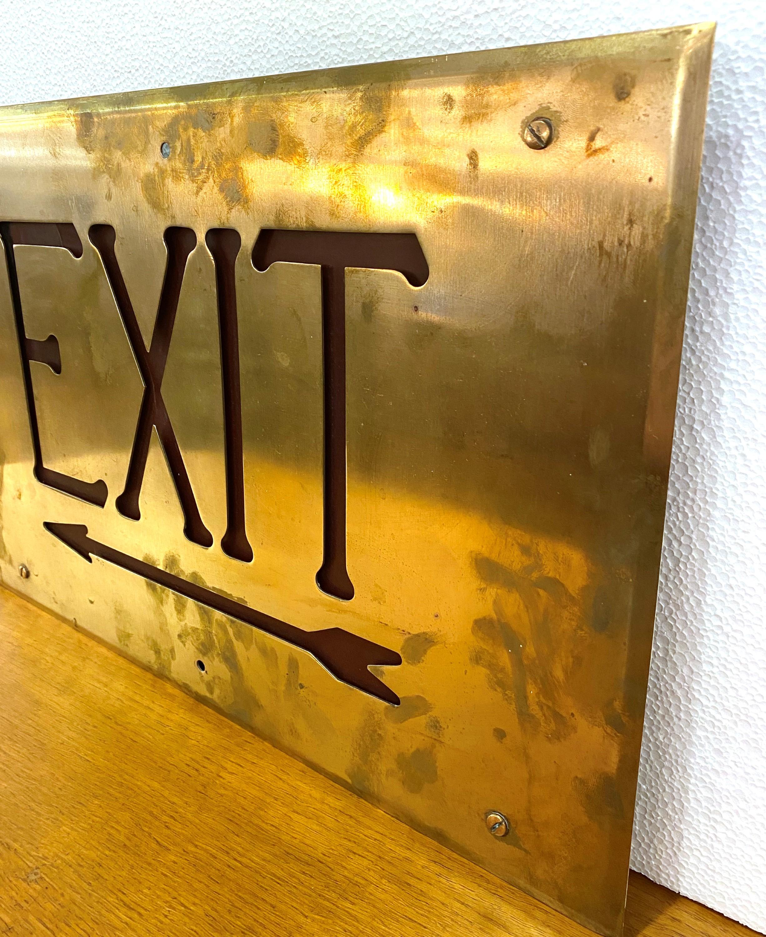 20th Century Antique Brass Beveled Border Exit Faceplate Sign For Sale