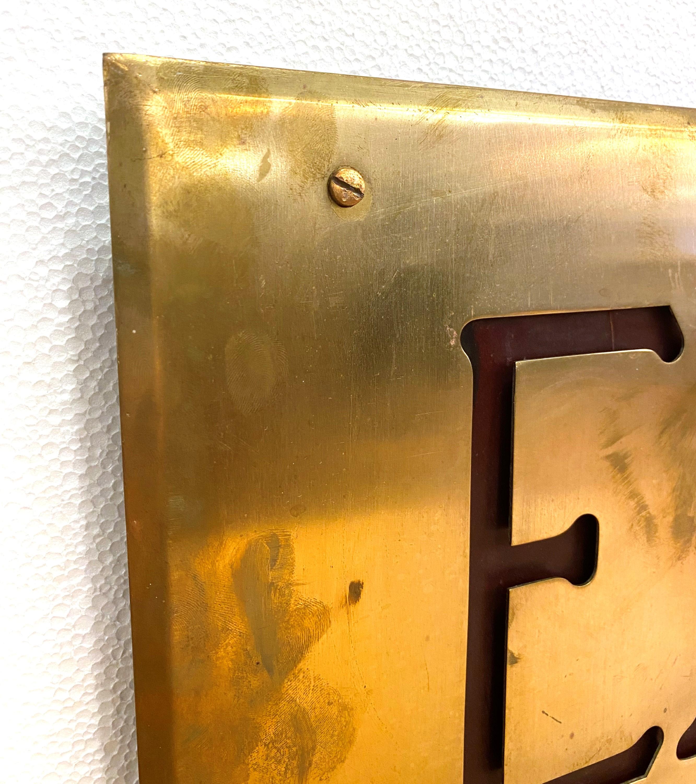 Antique Brass Beveled Border Exit Faceplate Sign For Sale 1
