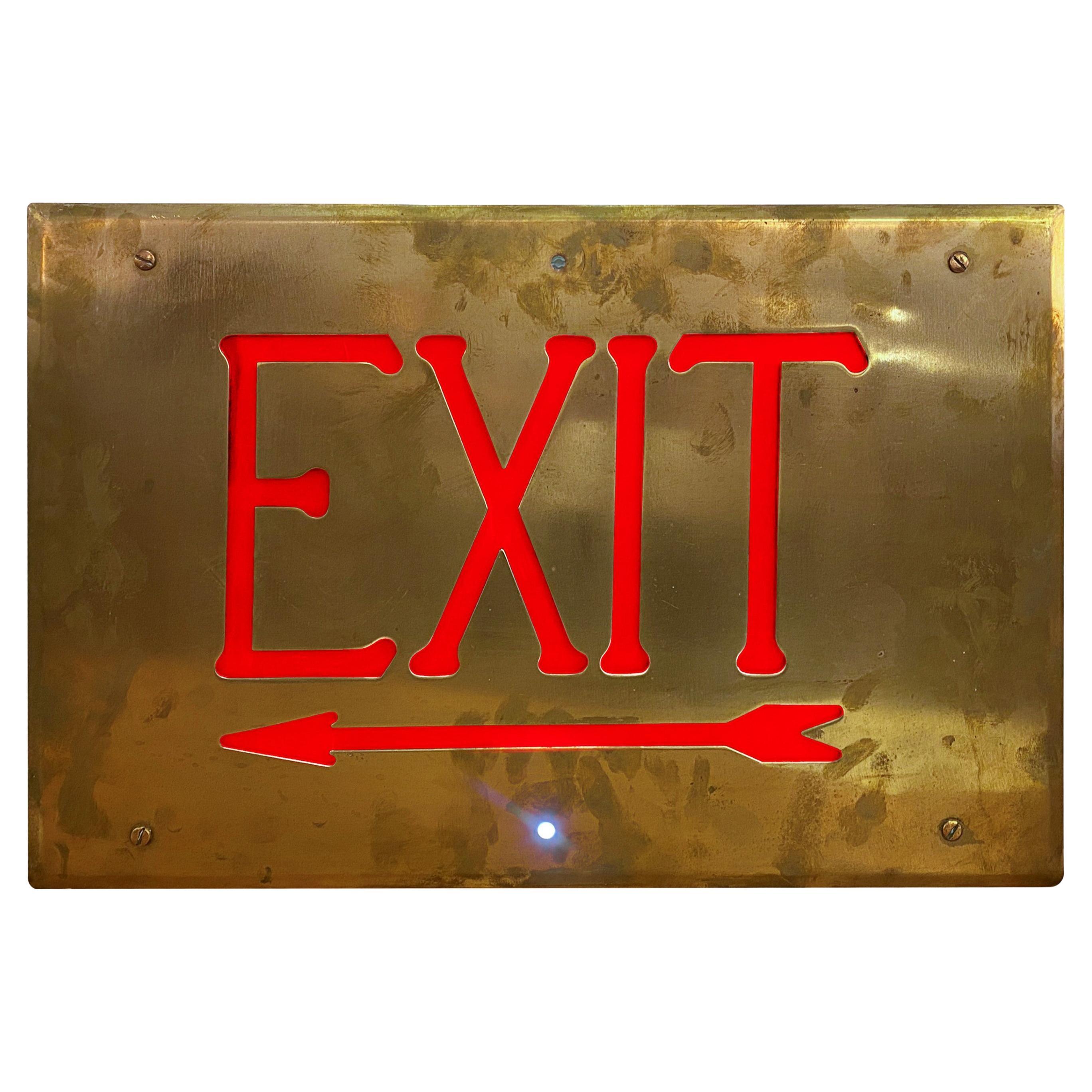Antique Brass Beveled Border Exit Faceplate Sign For Sale