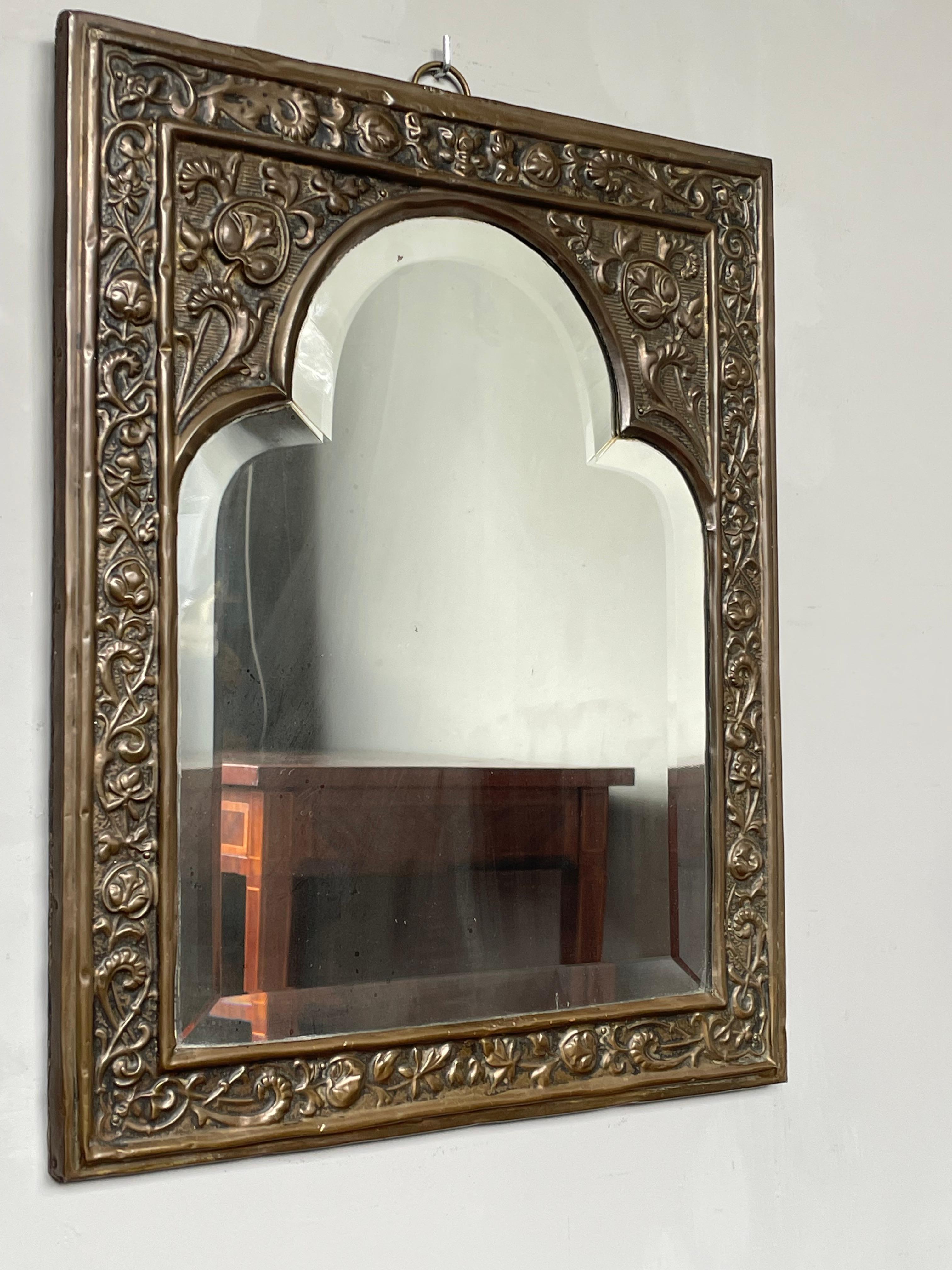 Antique Brass & Beveled Glass Gothic Revival Wall Mirror w. Embossed Decorations For Sale 4