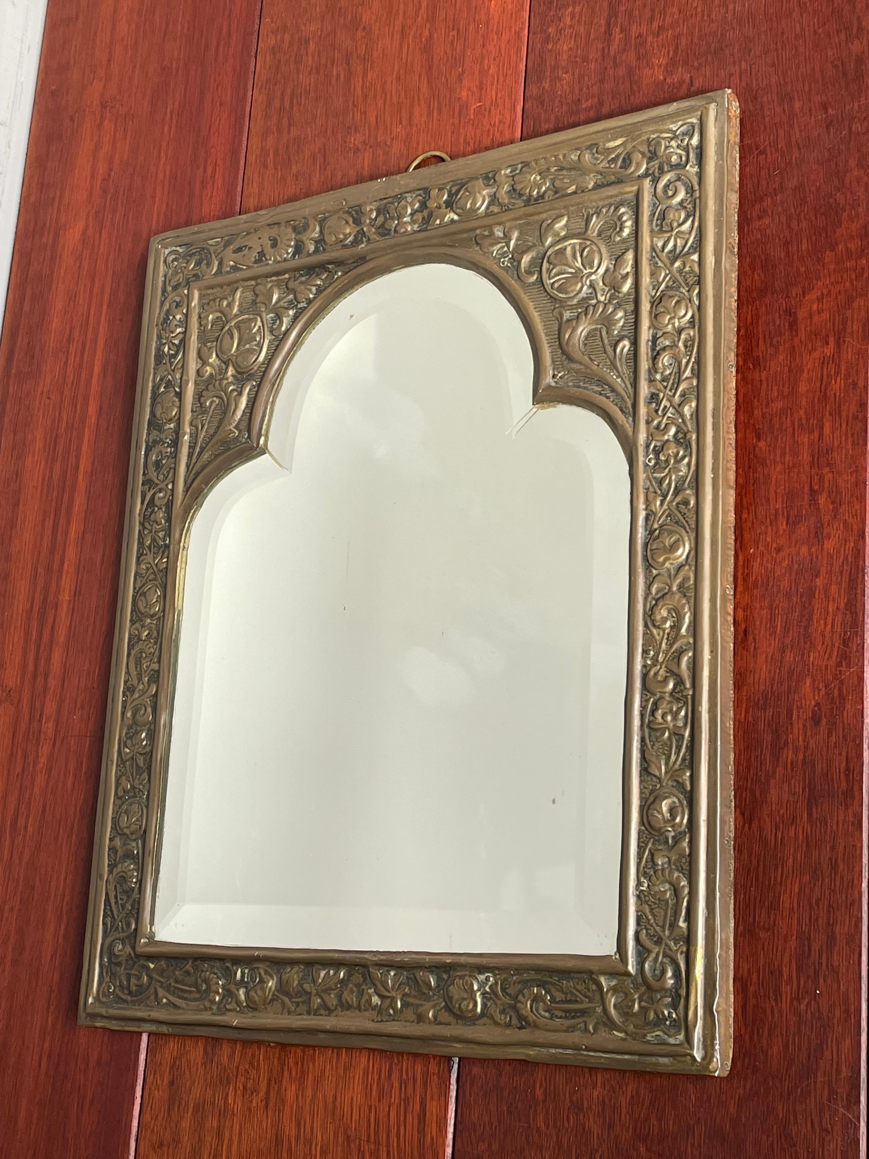 Antique Brass & Beveled Glass Gothic Revival Wall Mirror w. Embossed Decorations For Sale 5