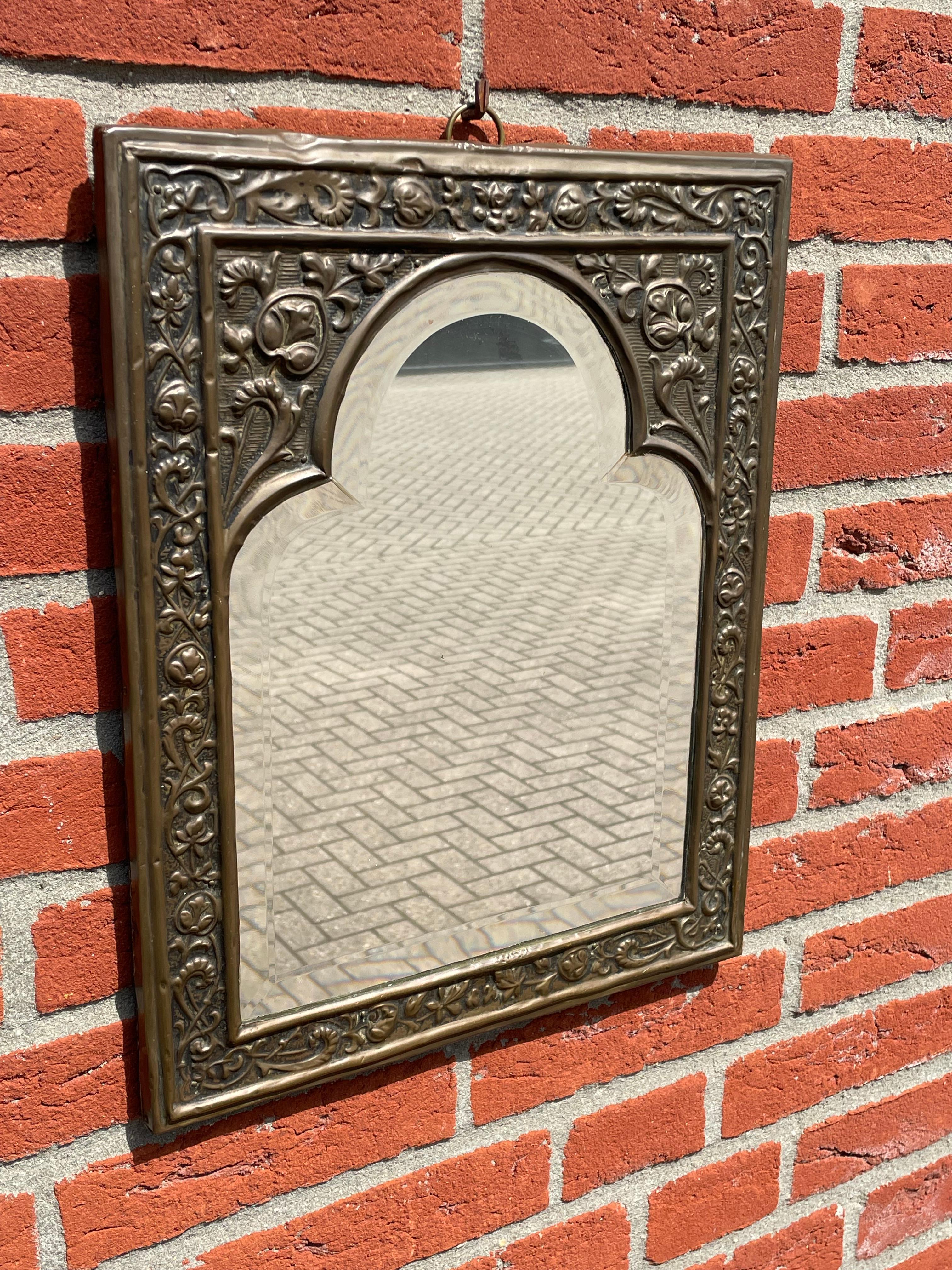 Antique Brass & Beveled Glass Gothic Revival Wall Mirror w. Embossed Decorations For Sale 3