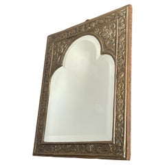 Antique Brass & Beveled Glass Gothic Revival Wall Mirror w. Embossed Decorations