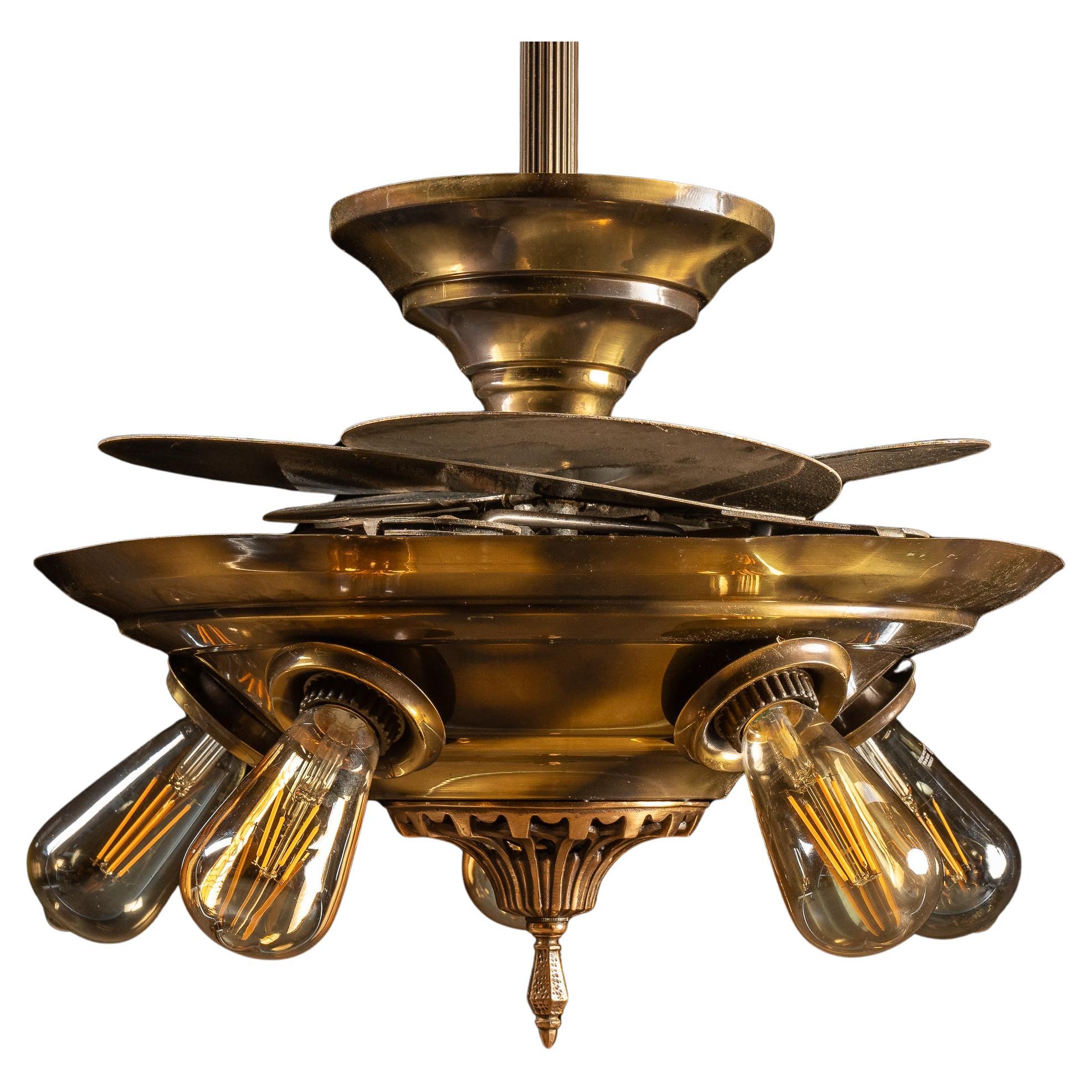 Antique Brass "Bird Wing" Ceiling Fixture with Retractable Blades