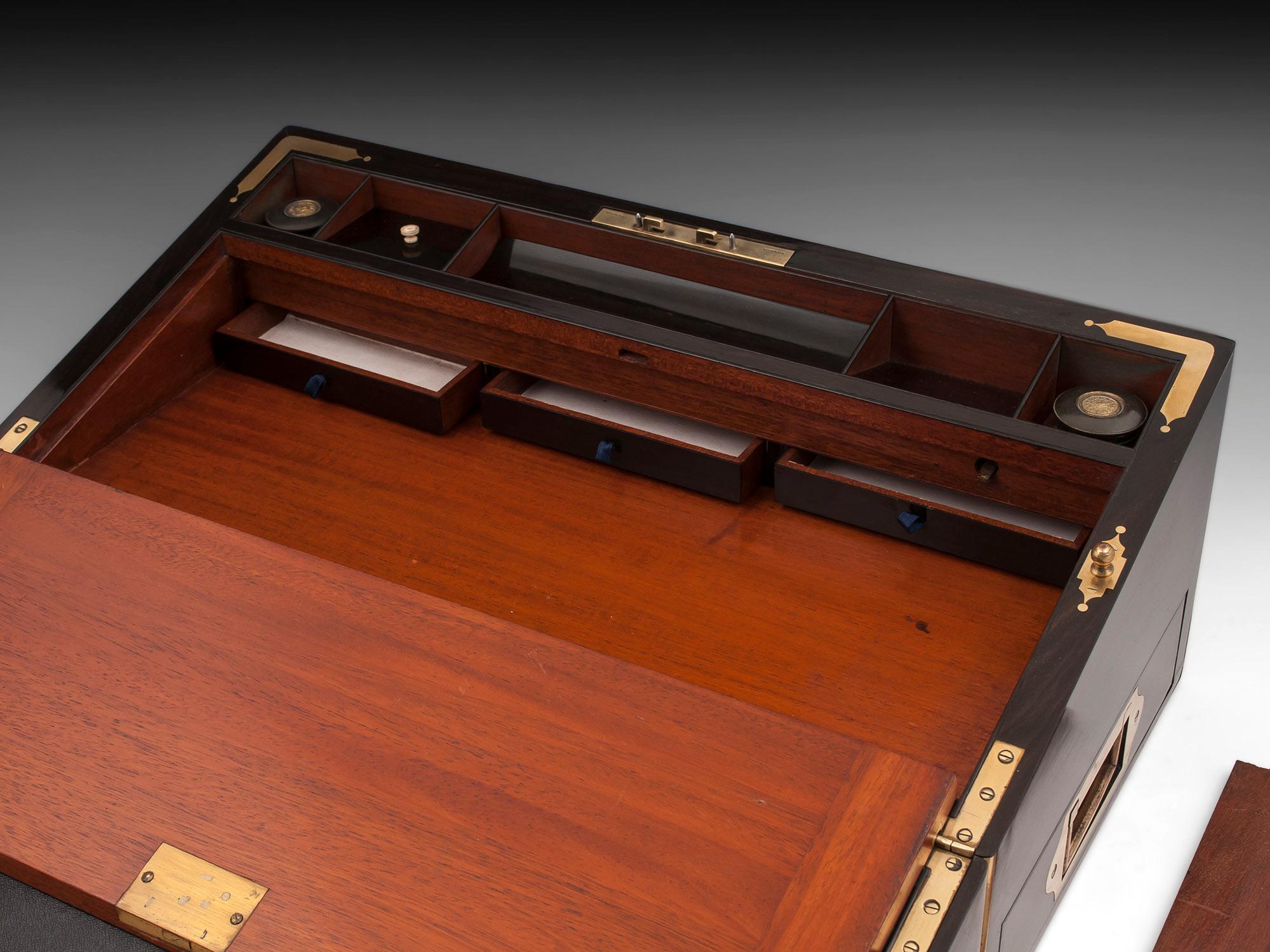 Antique Brass Bound Coromandel Writing Box with Secret Compartments 7