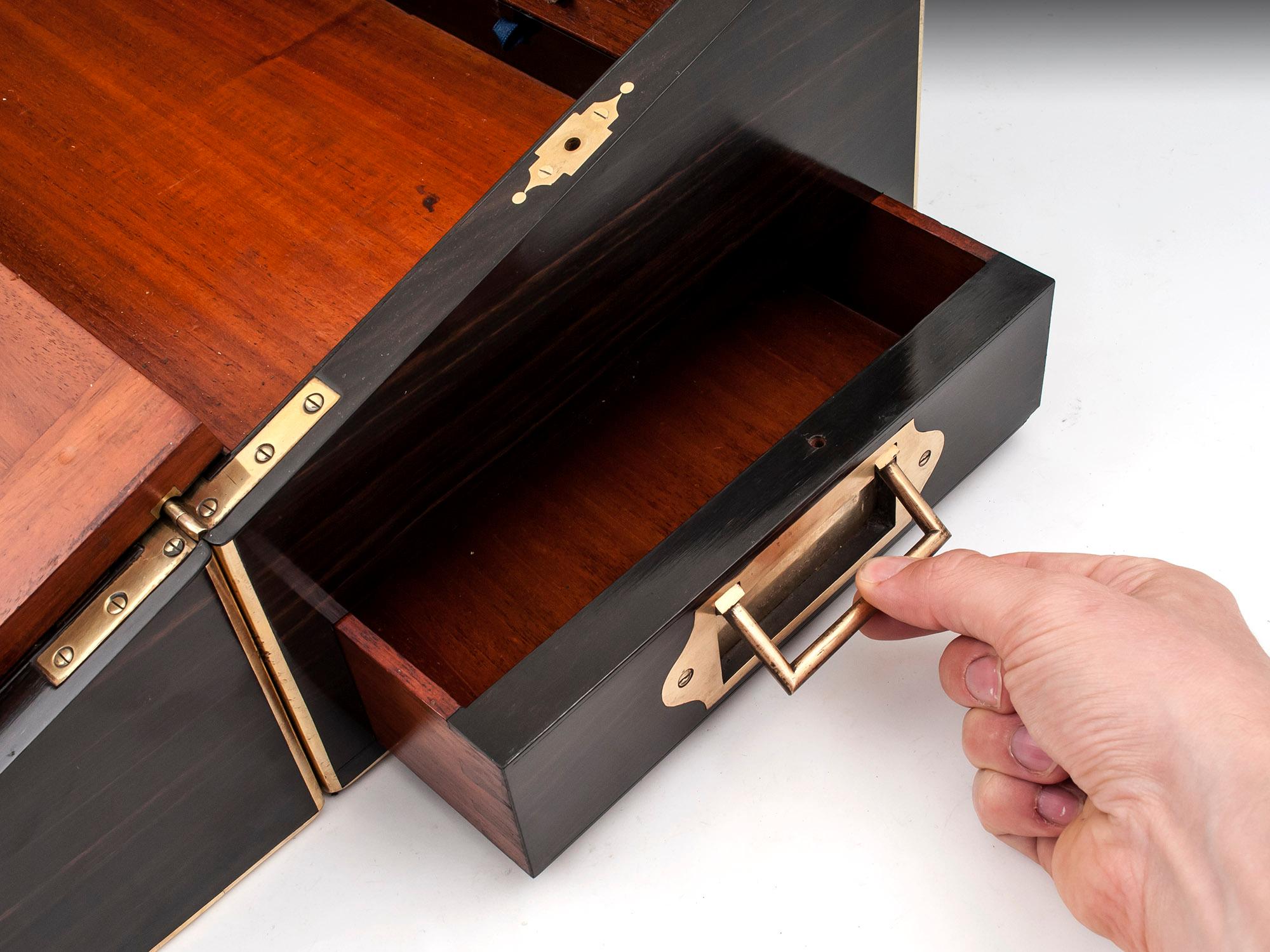 Antique Brass Bound Coromandel Writing Box with Secret Compartments 9