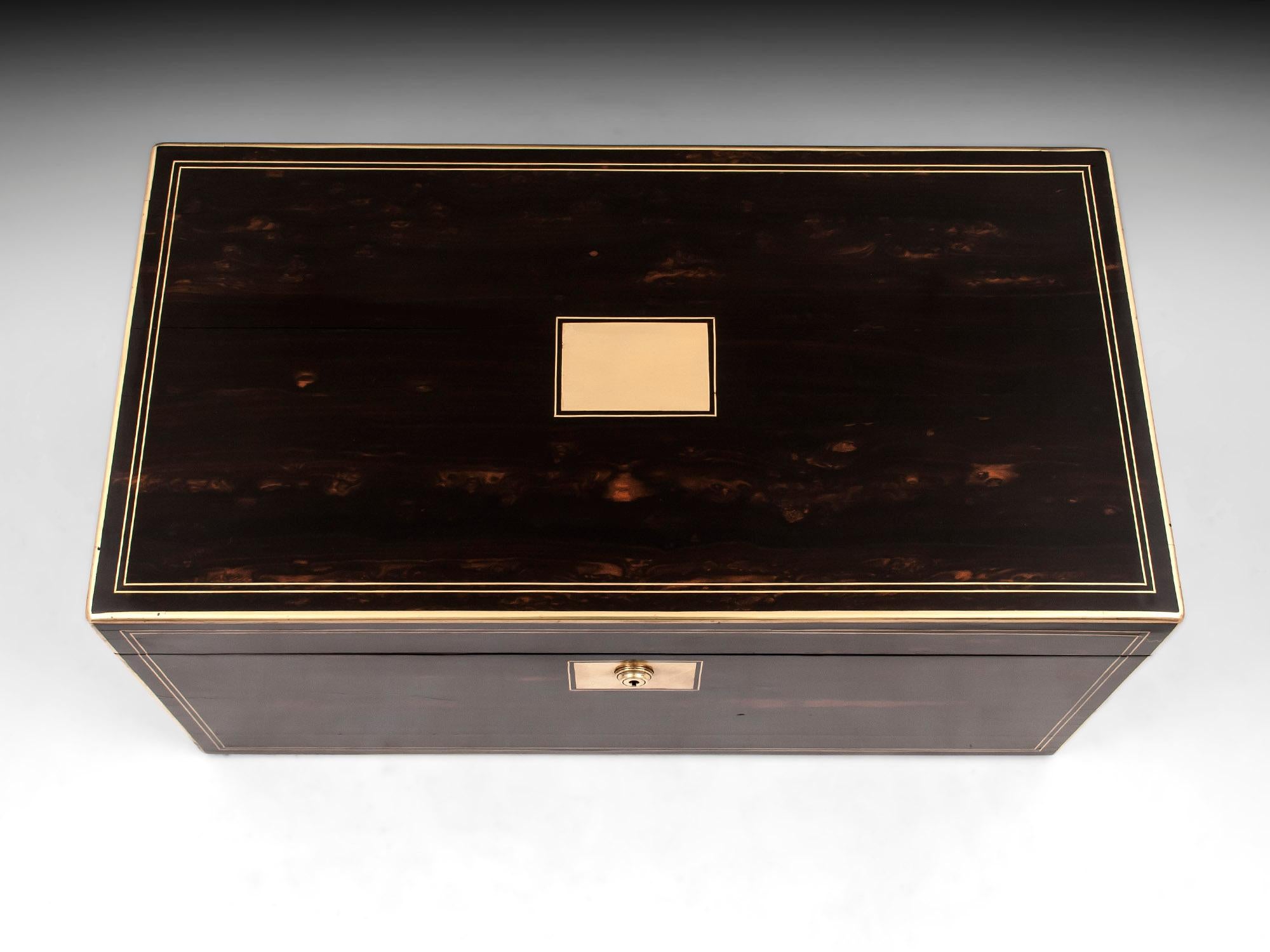 British Antique Brass Bound Coromandel Writing Box with Secret Compartments