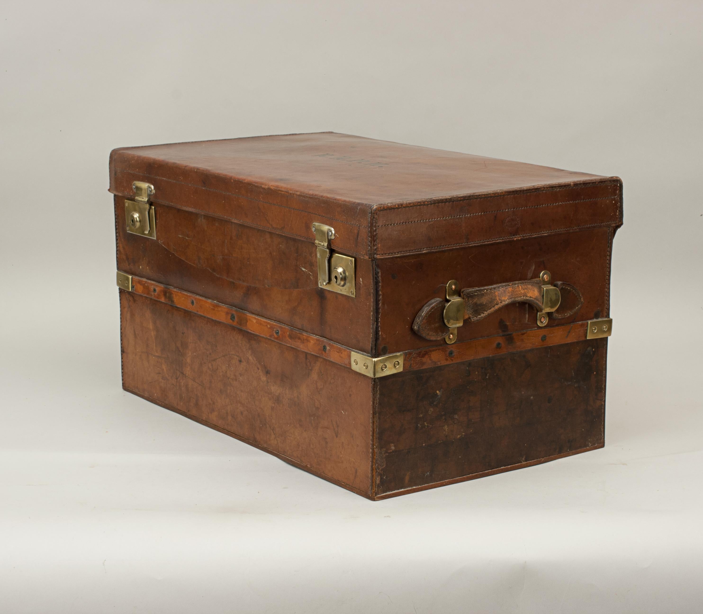 British Antique Brass Bound, Leather Travelling Trunk by Webb & Bryant