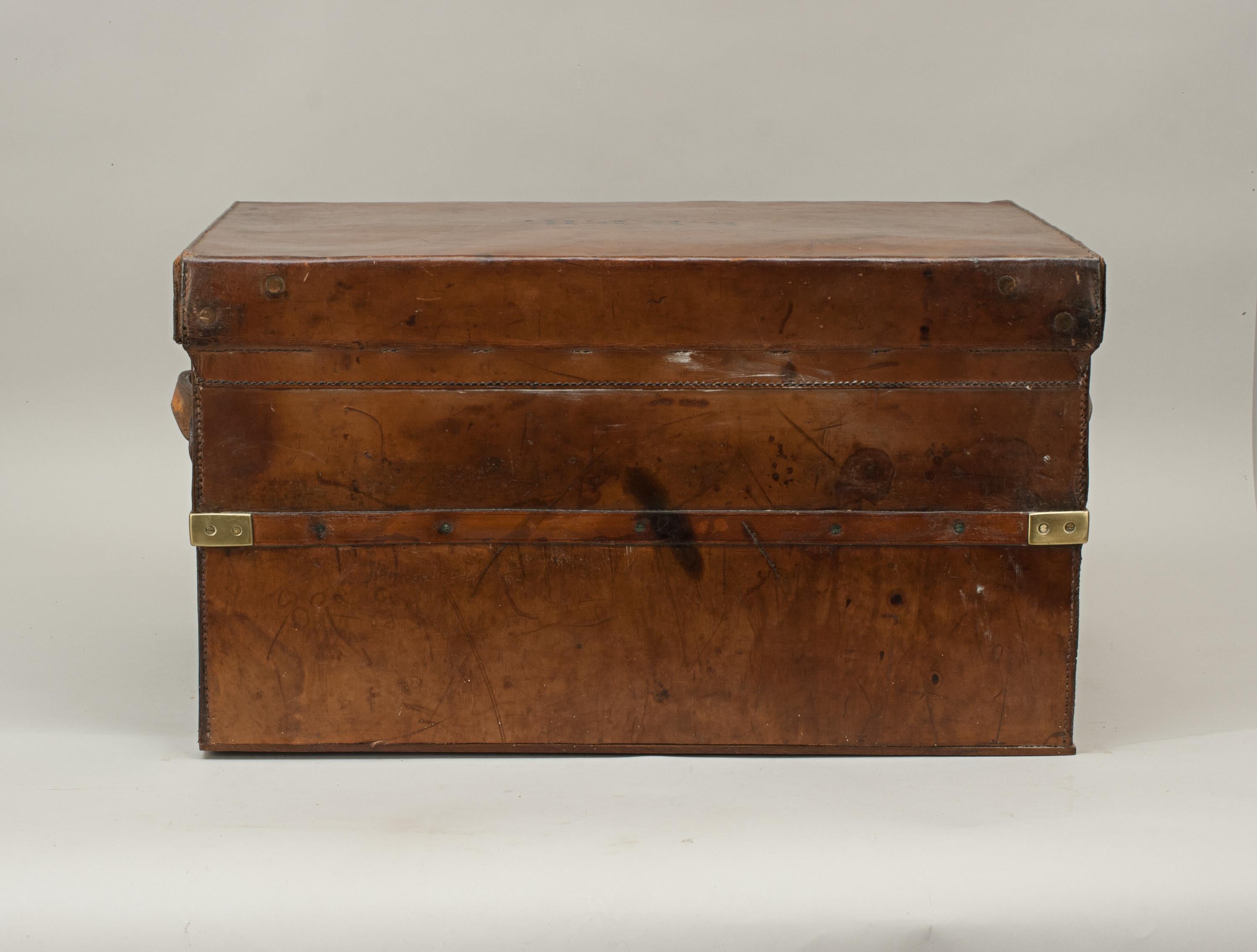 Antique Brass Bound, Leather Travelling Trunk by Webb & Bryant In Good Condition In Oxfordshire, GB