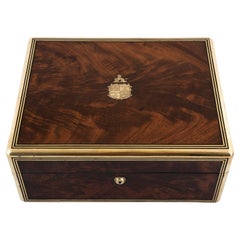 Antique Brass Bound Mahogany Jewellery Box with Aristocratic Family Crest