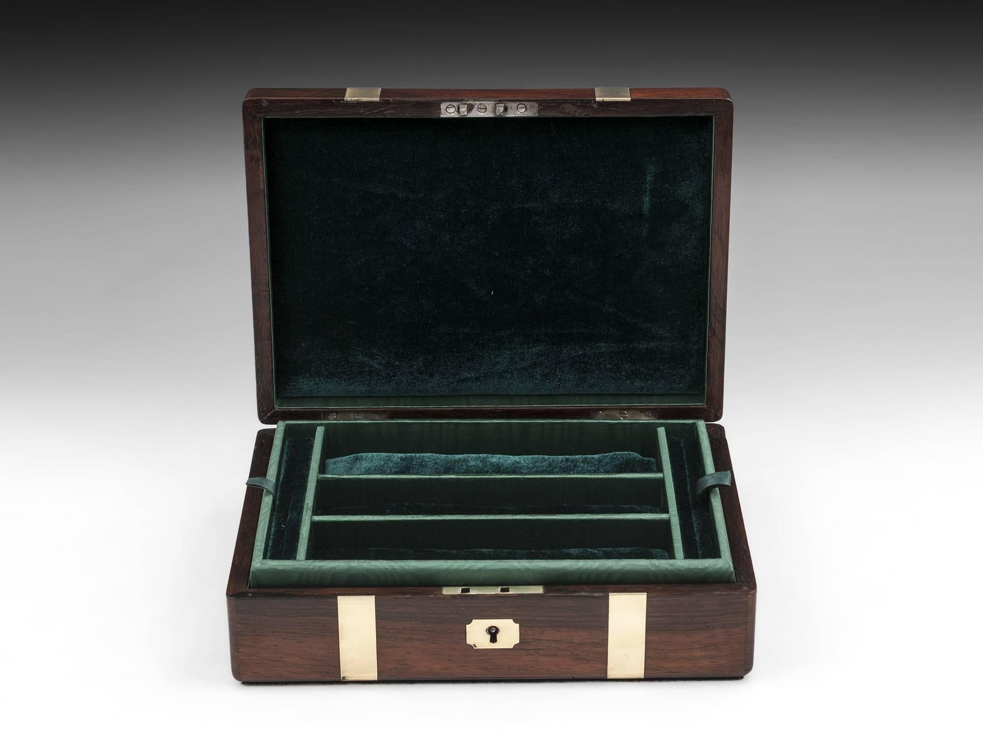 British Antique Brass Bound Mahogany Jewelry Box, 19th Century