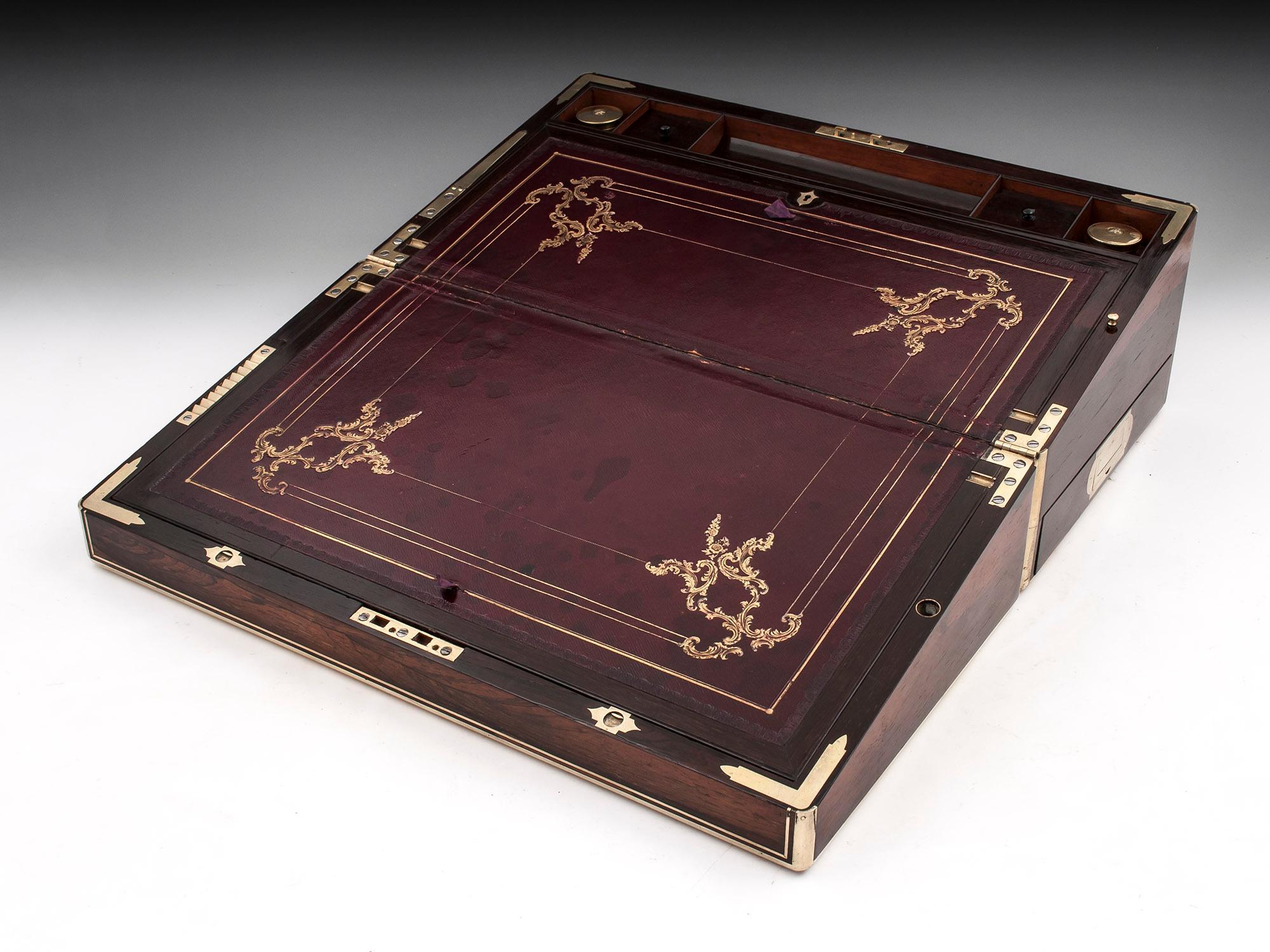 British Antique Brass Bound Writing Box with TOP SECRET compartments & Document drawer. 