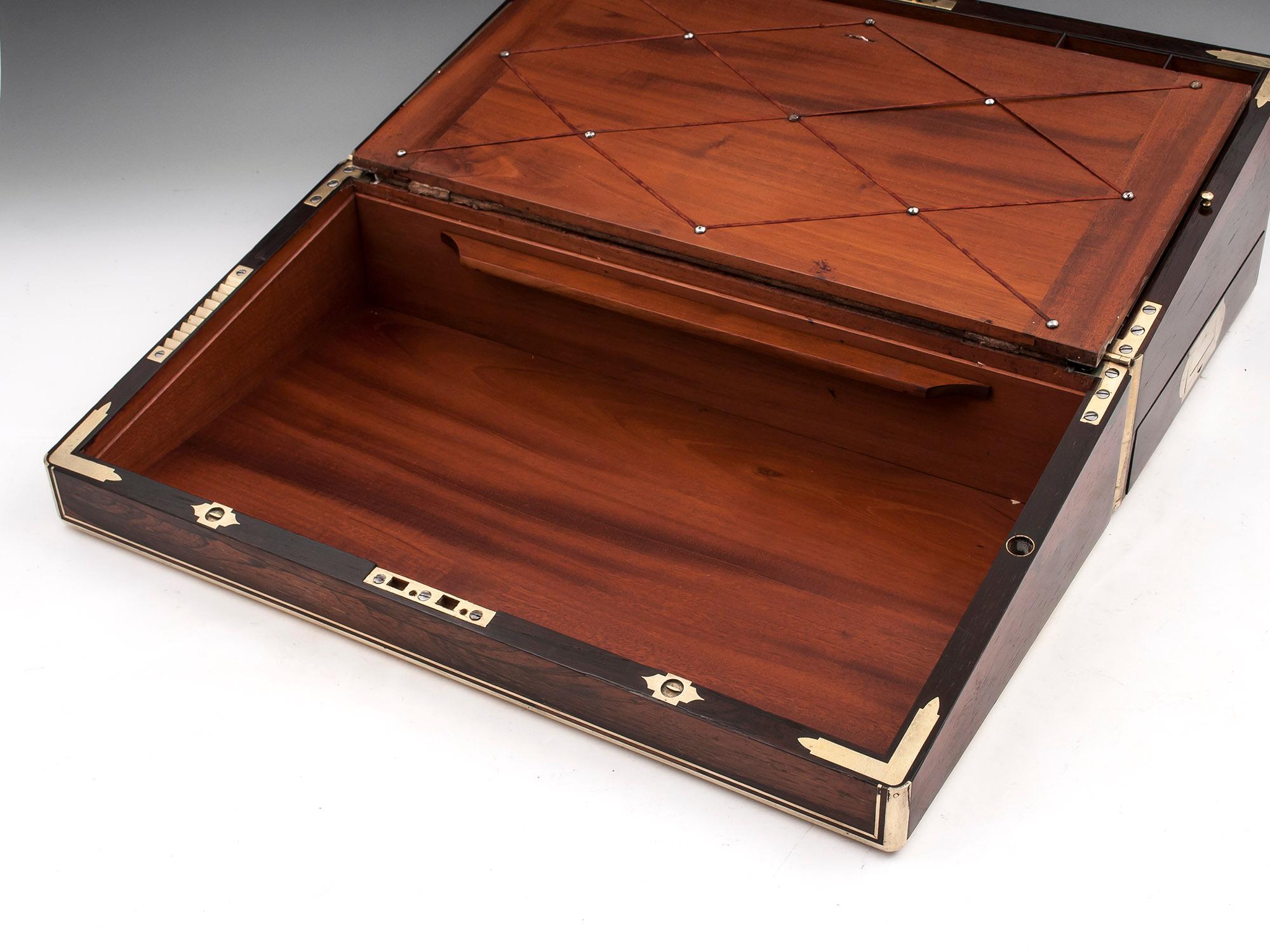 Antique Brass Bound Writing Box with TOP SECRET compartments & Document drawer. In Good Condition In Northampton, United Kingdom