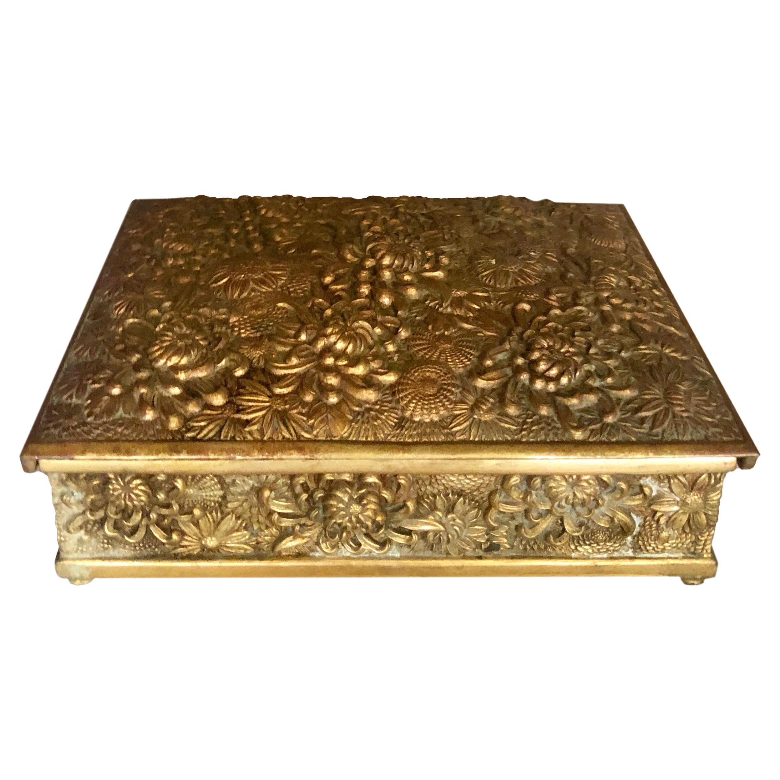 Antique French Brass Embossed Detailing Decorative Footed Box For Sale