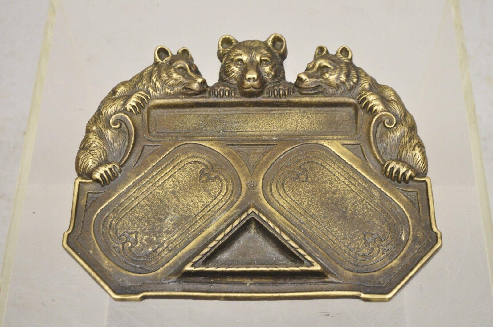Antique Brass Bronze Black Forest Figural 3 Bears Desk Pen Tray Trinket Holder. Circa Mid 20th Century. Measurements: 1.5