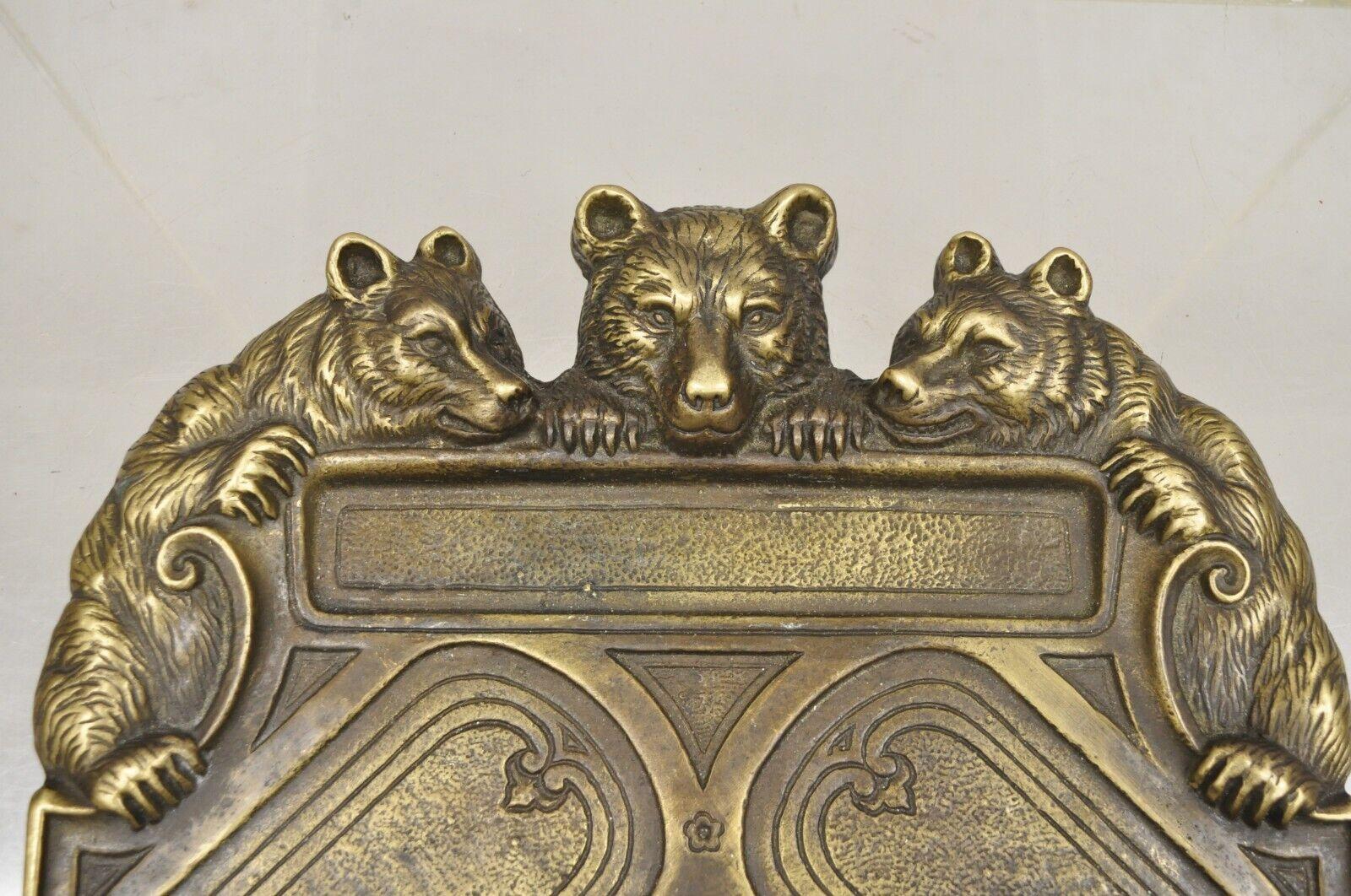 20th Century Antique Brass Bronze Black Forest Figural 3 Bears Desk Pen Tray Trinket Holder For Sale