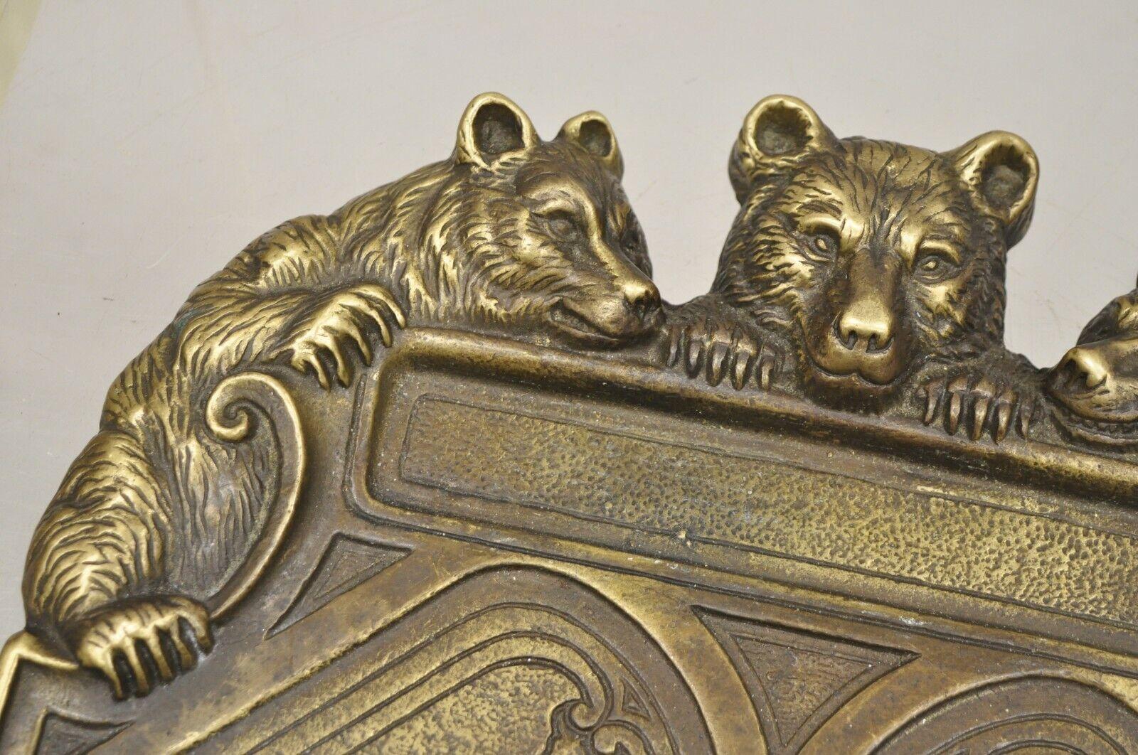 Antique Brass Bronze Black Forest Figural 3 Bears Desk Pen Tray Trinket Holder For Sale 1
