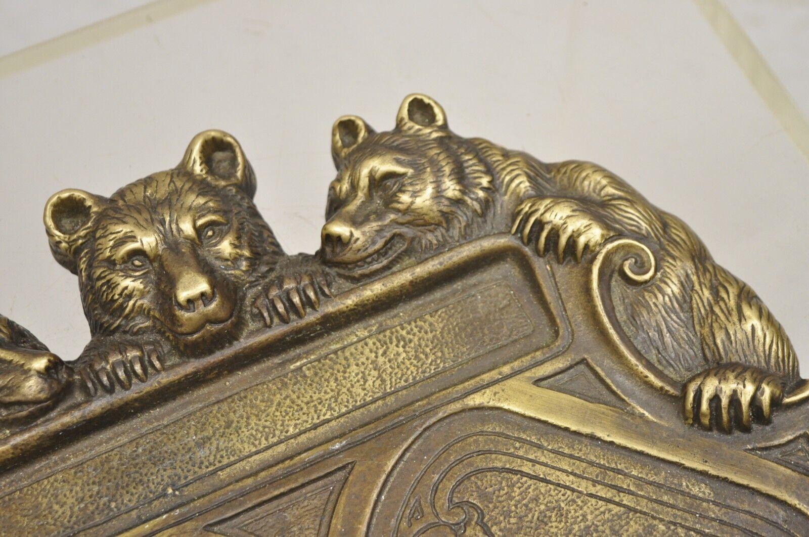 Antique Brass Bronze Black Forest Figural 3 Bears Desk Pen Tray Trinket Holder For Sale 2