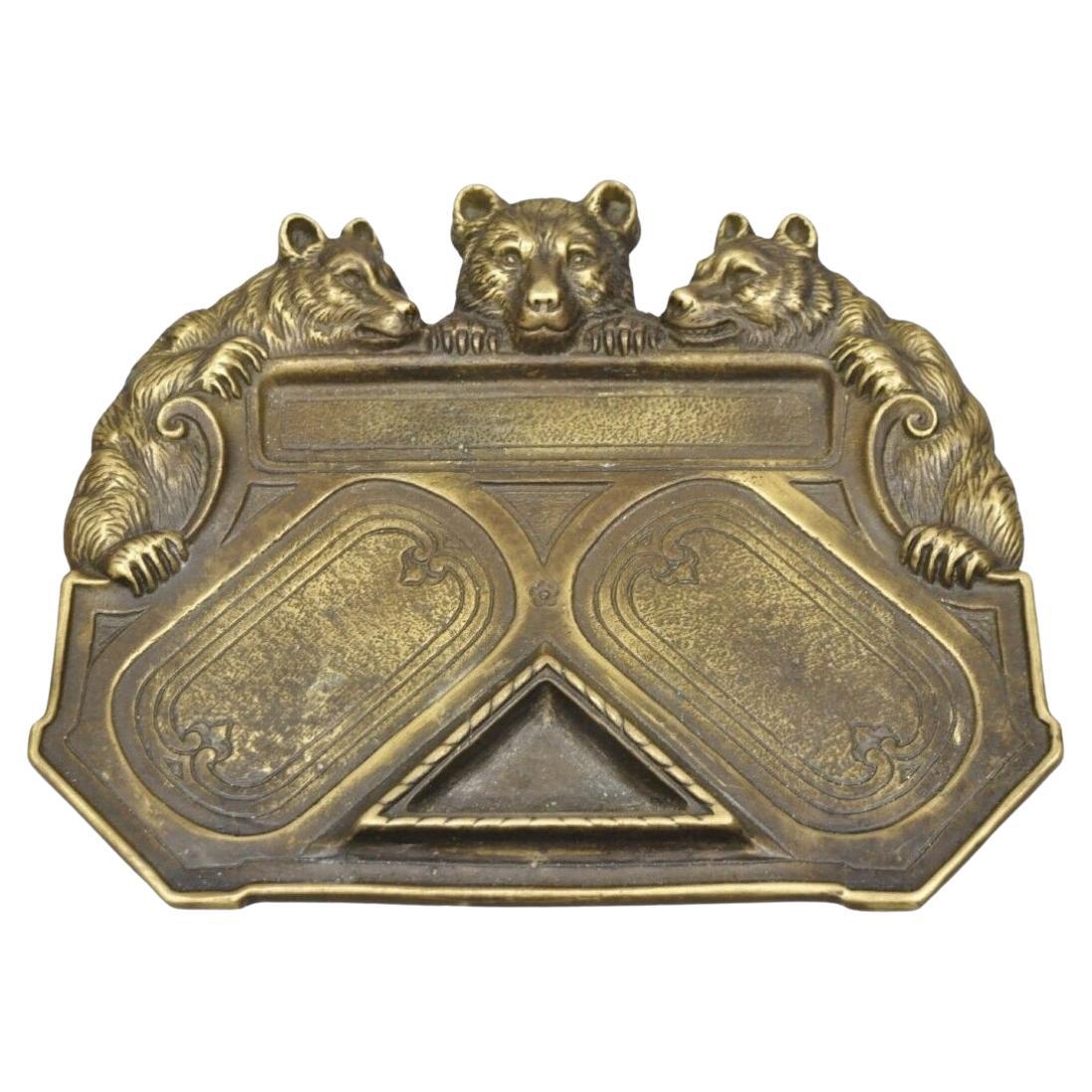 Antique Brass Bronze Black Forest Figural 3 Bears Desk Pen Tray Trinket Holder
