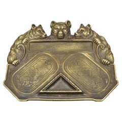 Antique Brass Bronze Black Forest Figural 3 Bears Desk Pen Tray Trinket Holder