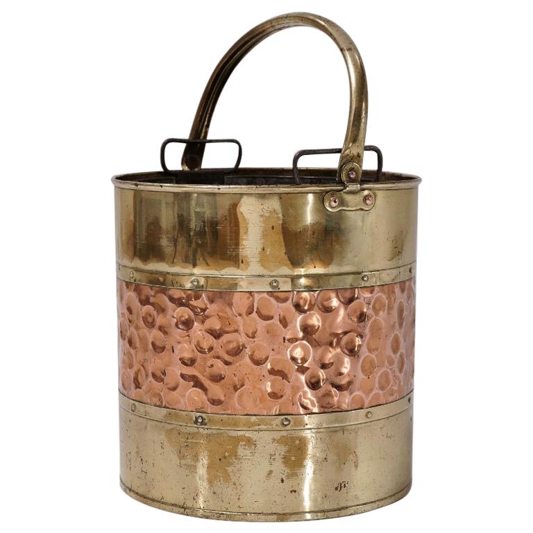 Antique Brass Bucket/Bin 'Coal Scuttle' with Copper Banding, circa 1900s English For Sale